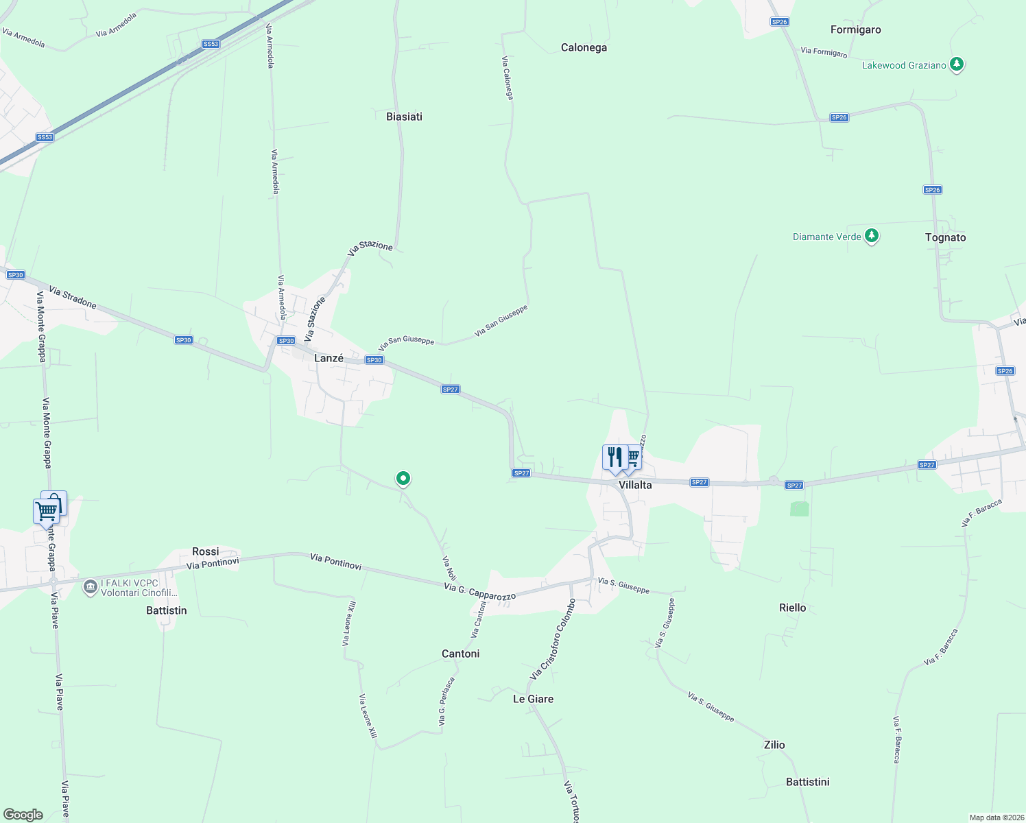 map of restaurants, bars, coffee shops, grocery stores, and more near Strada Provinciale 27 in Province of Vicenza