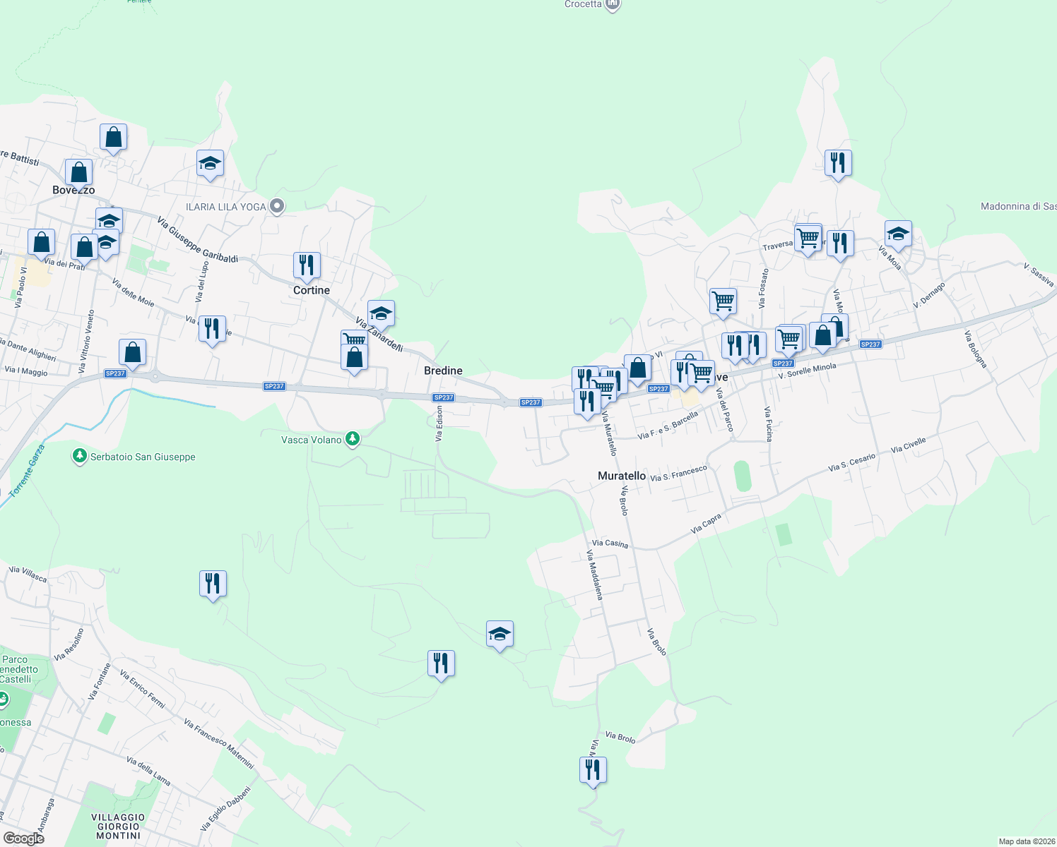 map of restaurants, bars, coffee shops, grocery stores, and more near 201 Via Brescia in Nave
