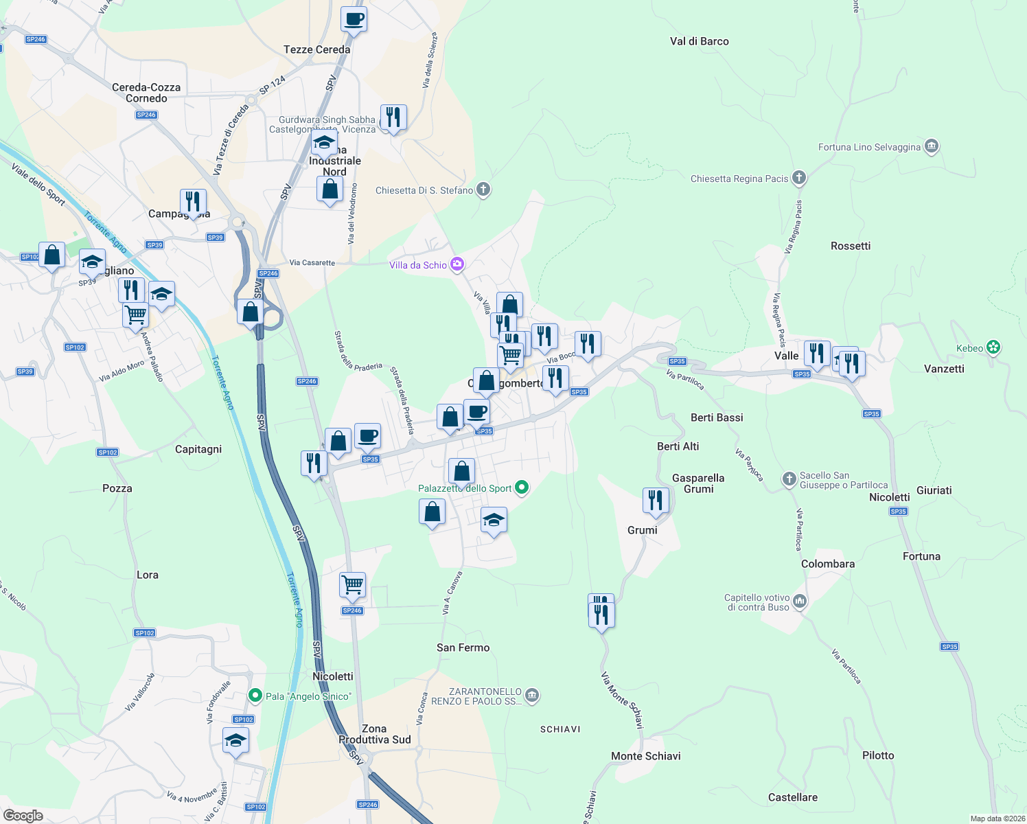 map of restaurants, bars, coffee shops, grocery stores, and more near 24 Via Firenze in Castelgomberto