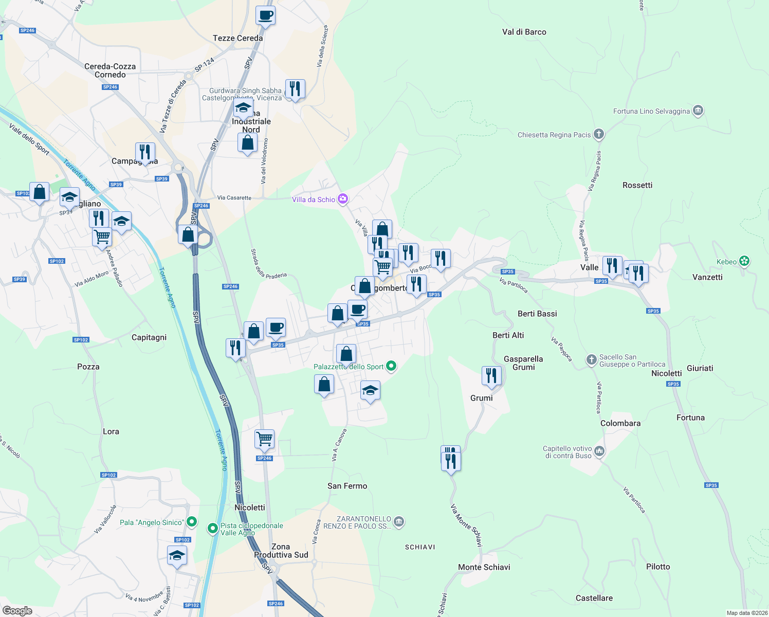 map of restaurants, bars, coffee shops, grocery stores, and more near 24 Via Firenze in Castelgomberto