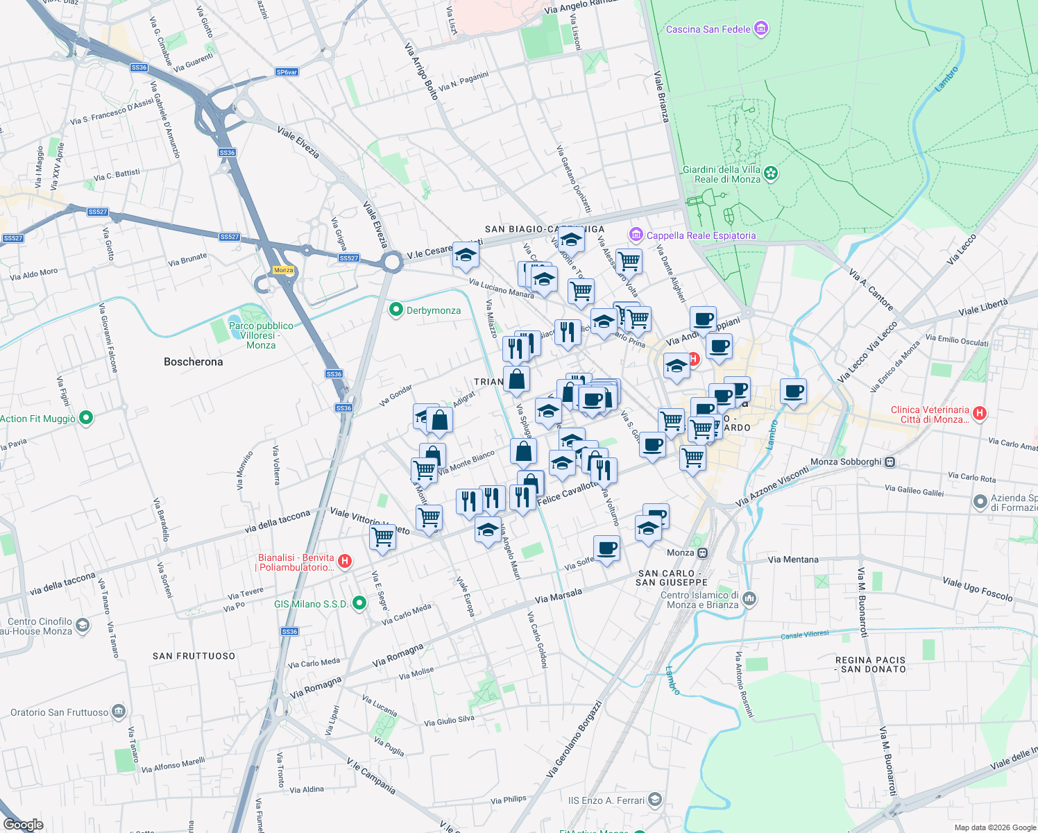 map of restaurants, bars, coffee shops, grocery stores, and more near Ciclabile Villoresi in Monza