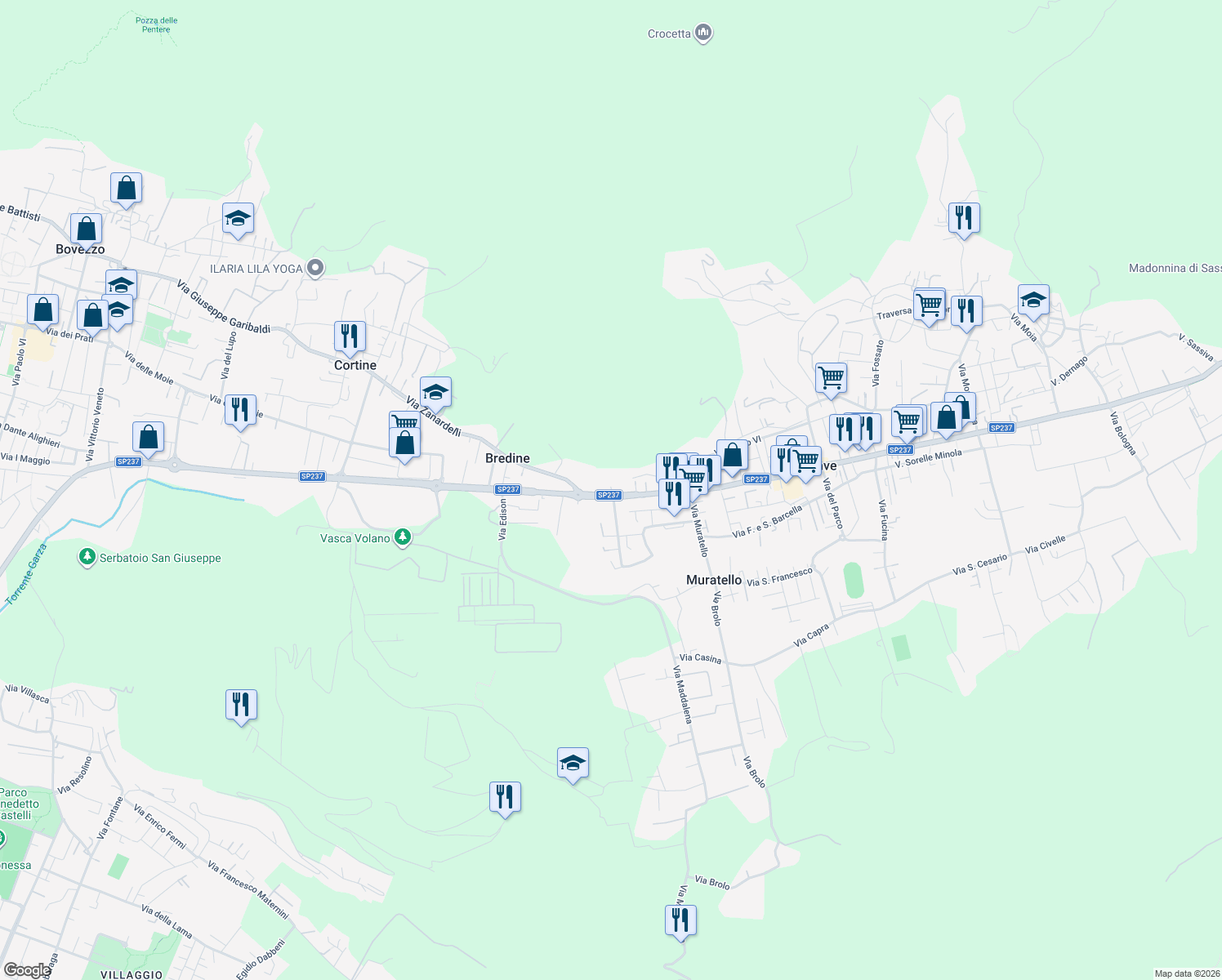 map of restaurants, bars, coffee shops, grocery stores, and more near 201 Via Brescia in Nave