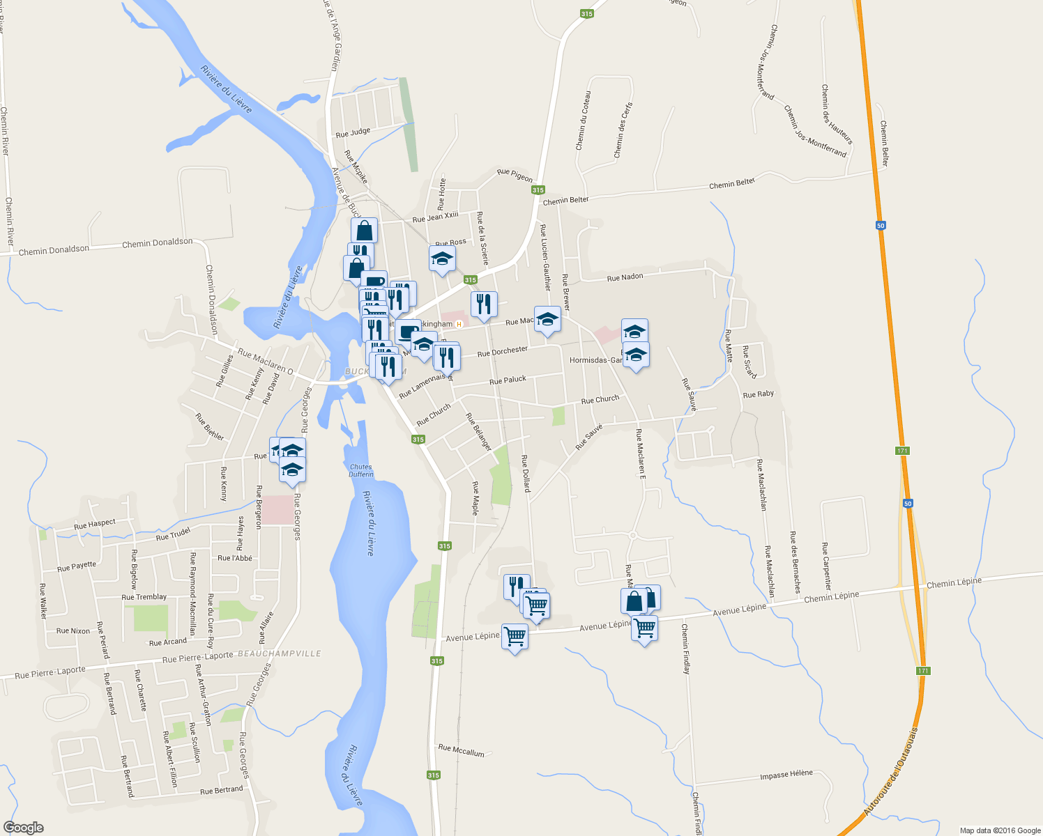map of restaurants, bars, coffee shops, grocery stores, and more near 624 Rue Dollard in Gatineau