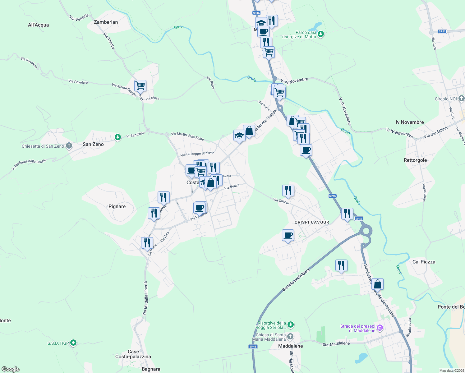 map of restaurants, bars, coffee shops, grocery stores, and more near 6/D Via Bellini in Costabissara