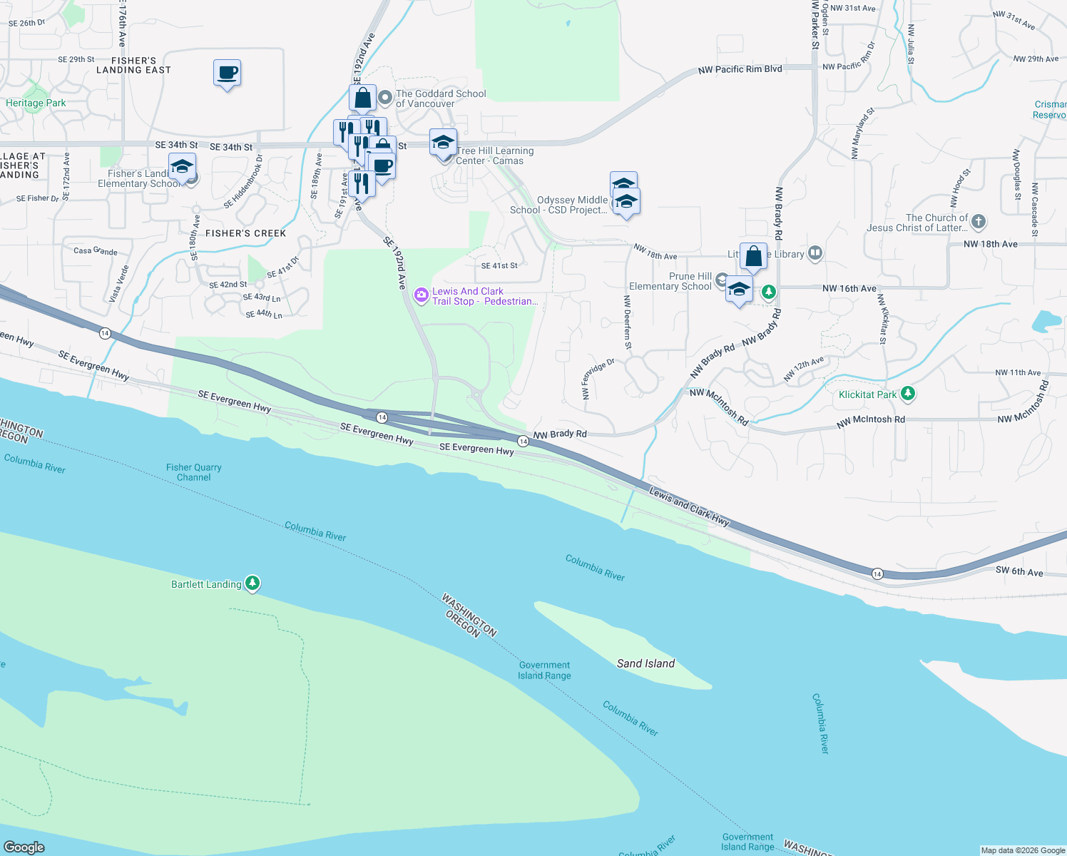 map of restaurants, bars, coffee shops, grocery stores, and more near 19910 Southeast Brady Road in Camas