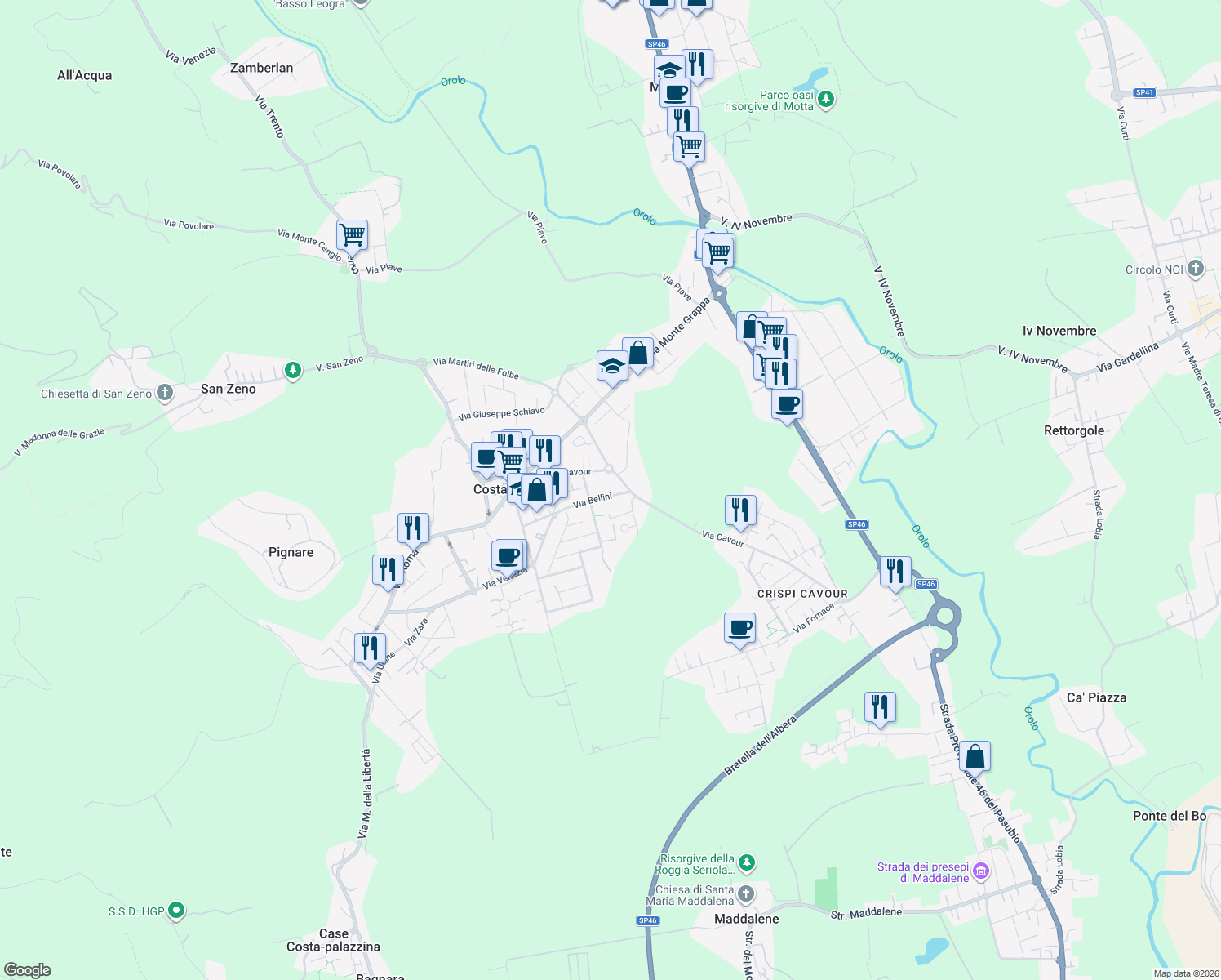 map of restaurants, bars, coffee shops, grocery stores, and more near 6 Via Bellini in Costabissara