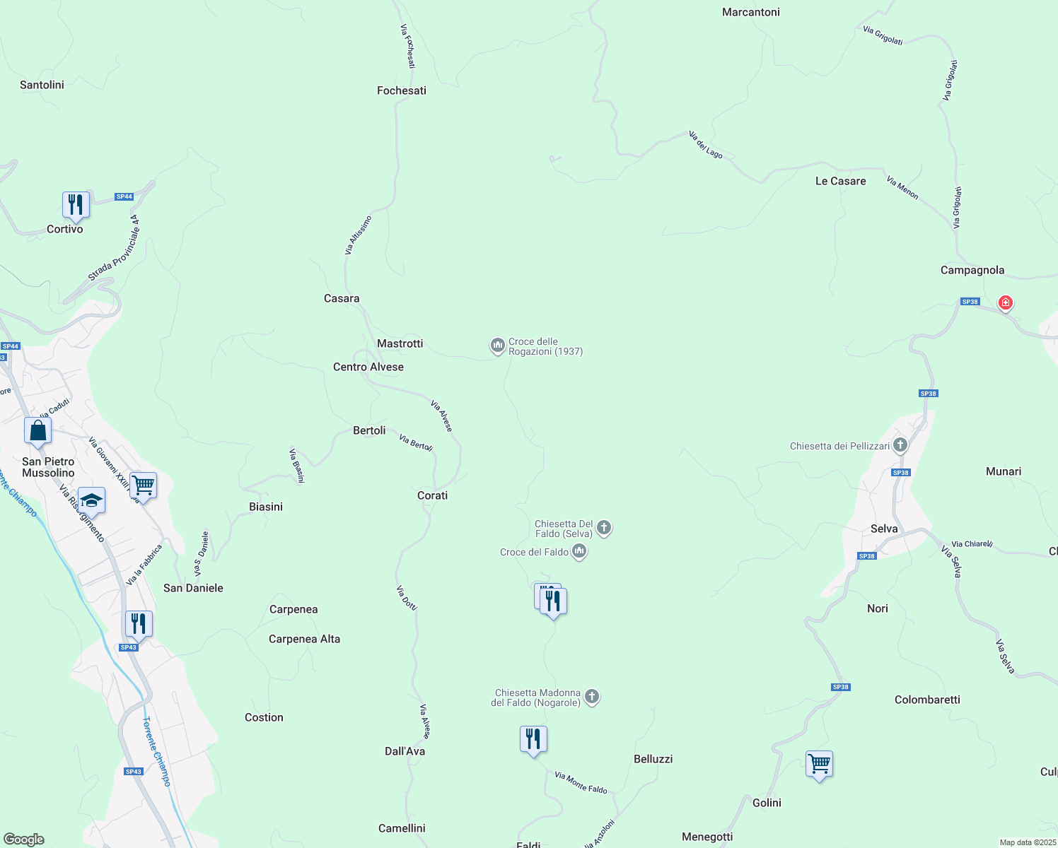 map of restaurants, bars, coffee shops, grocery stores, and more near 32 Via Rondini in Provincia di Vicenza