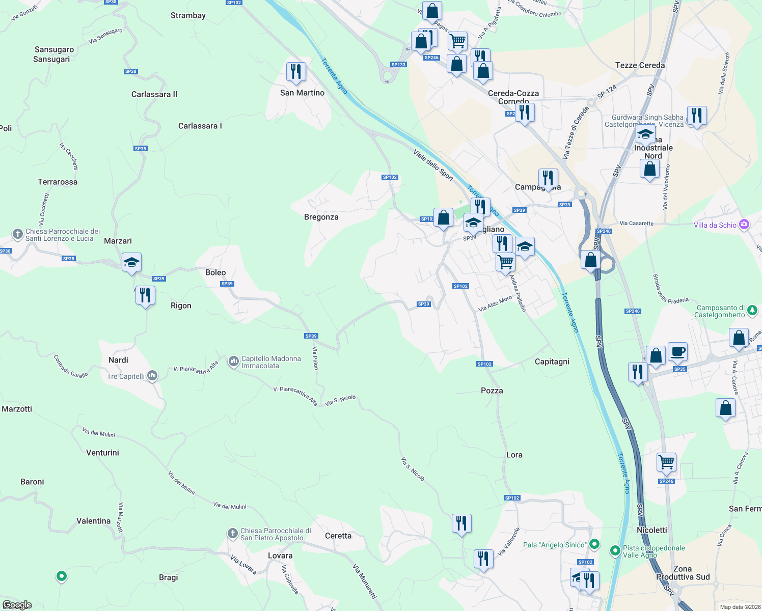 map of restaurants, bars, coffee shops, grocery stores, and more near 3 Via Monte in Brogliano
