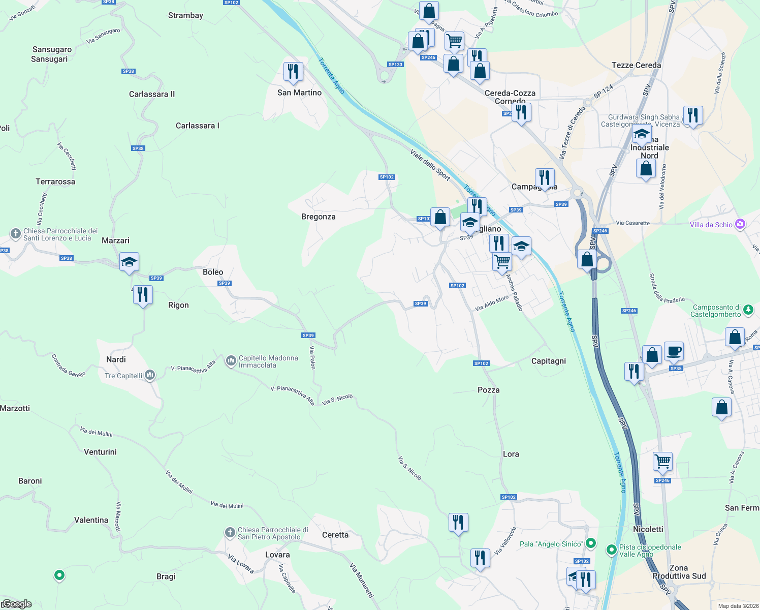 map of restaurants, bars, coffee shops, grocery stores, and more near 3 Via Monte in Brogliano