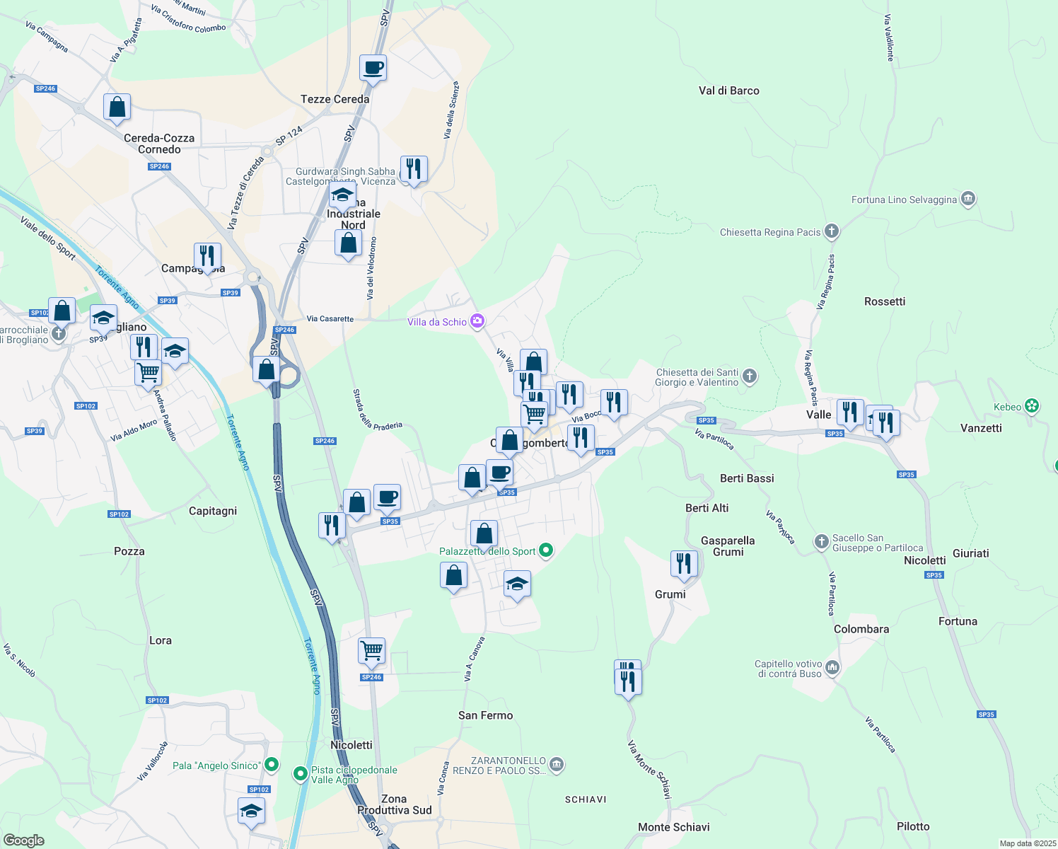 map of restaurants, bars, coffee shops, grocery stores, and more near 22 Via Roma in Castelgomberto