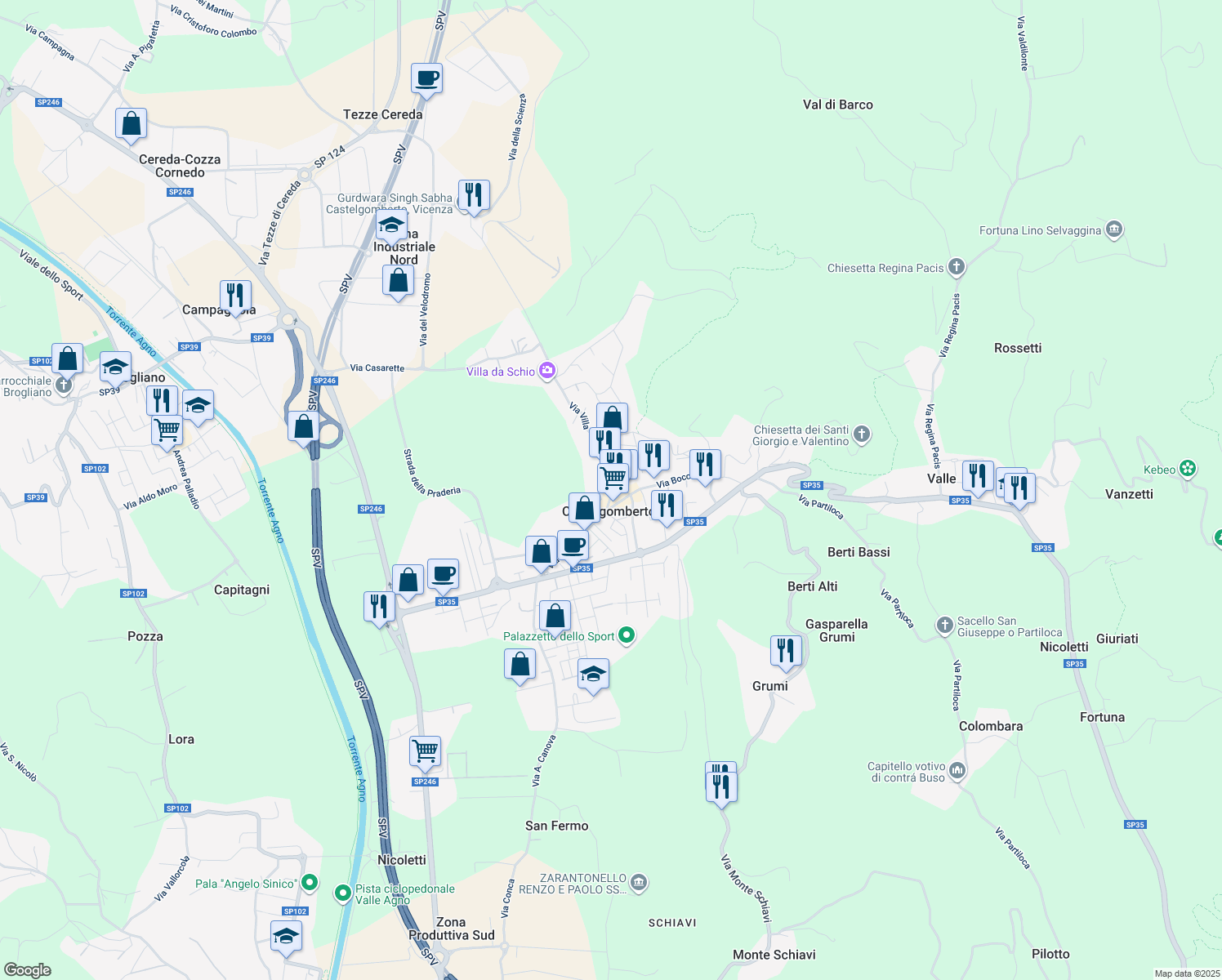 map of restaurants, bars, coffee shops, grocery stores, and more near 22 Via Roma in Castelgomberto