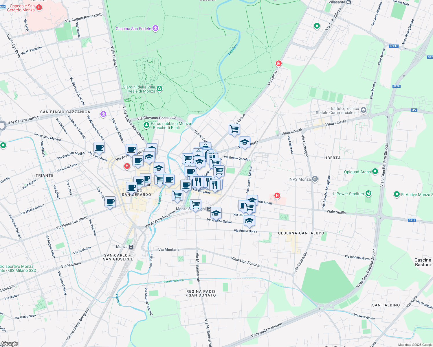 map of restaurants, bars, coffee shops, grocery stores, and more near 16 Via Giovanni Raiberti in Monza