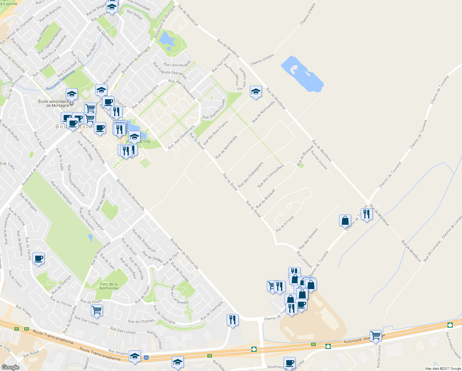 map of restaurants, bars, coffee shops, grocery stores, and more near 1246 Rue du Boisé in Boucherville