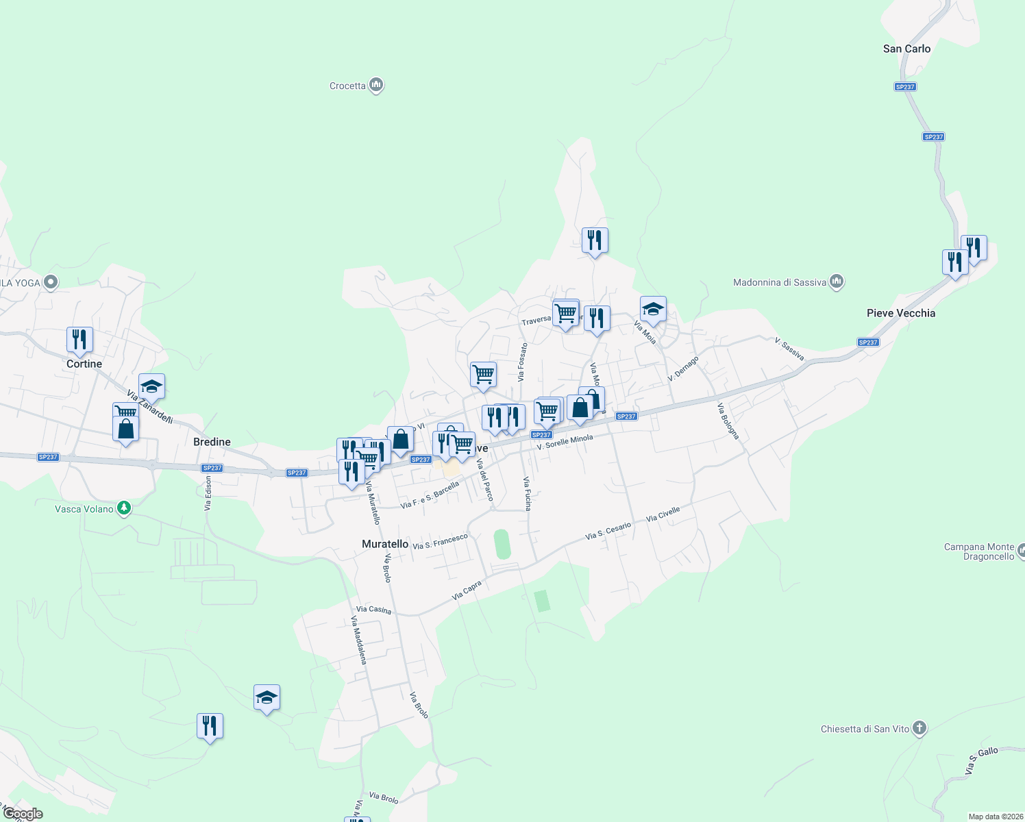 map of restaurants, bars, coffee shops, grocery stores, and more near 15 Via Fossato in Nave
