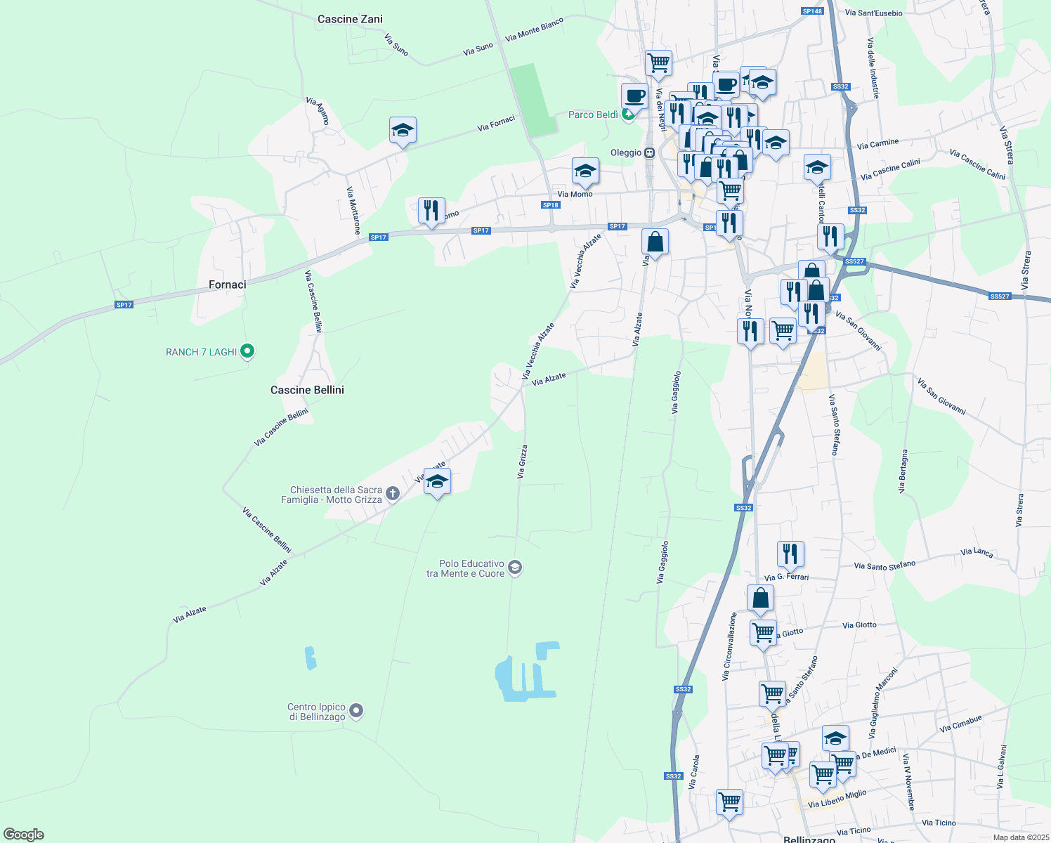 map of restaurants, bars, coffee shops, grocery stores, and more near 8 Via Grizza in Oleggio