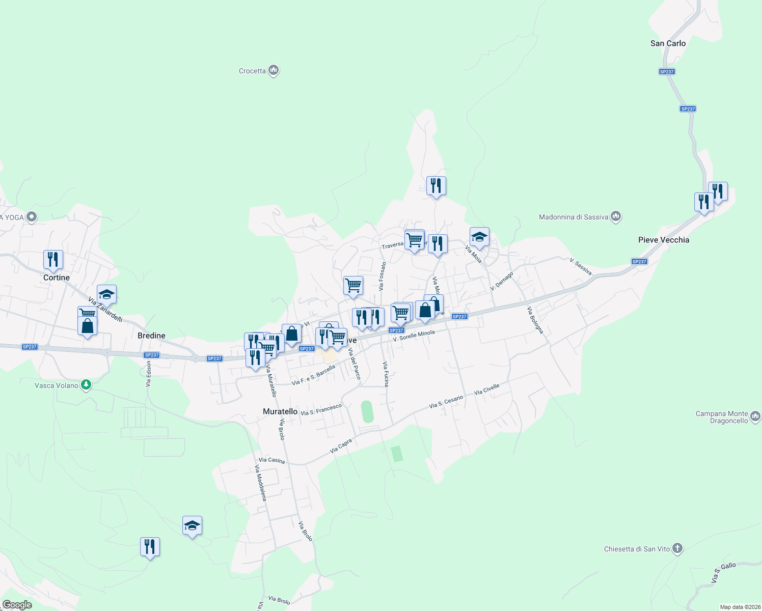 map of restaurants, bars, coffee shops, grocery stores, and more near 15 Via Fossato in Nave