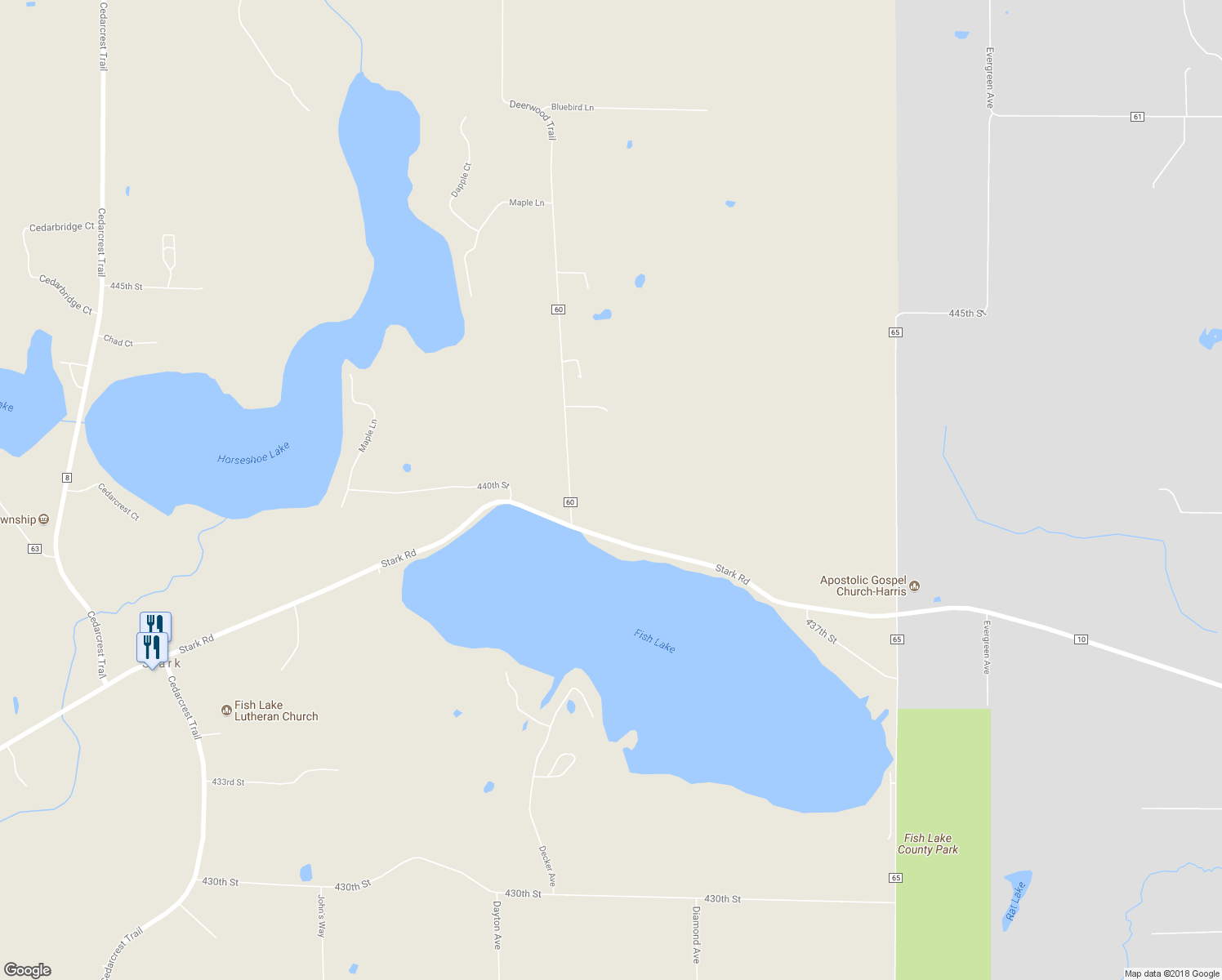 map of restaurants, bars, coffee shops, grocery stores, and more near 44035 Deerwood Trail in Harris