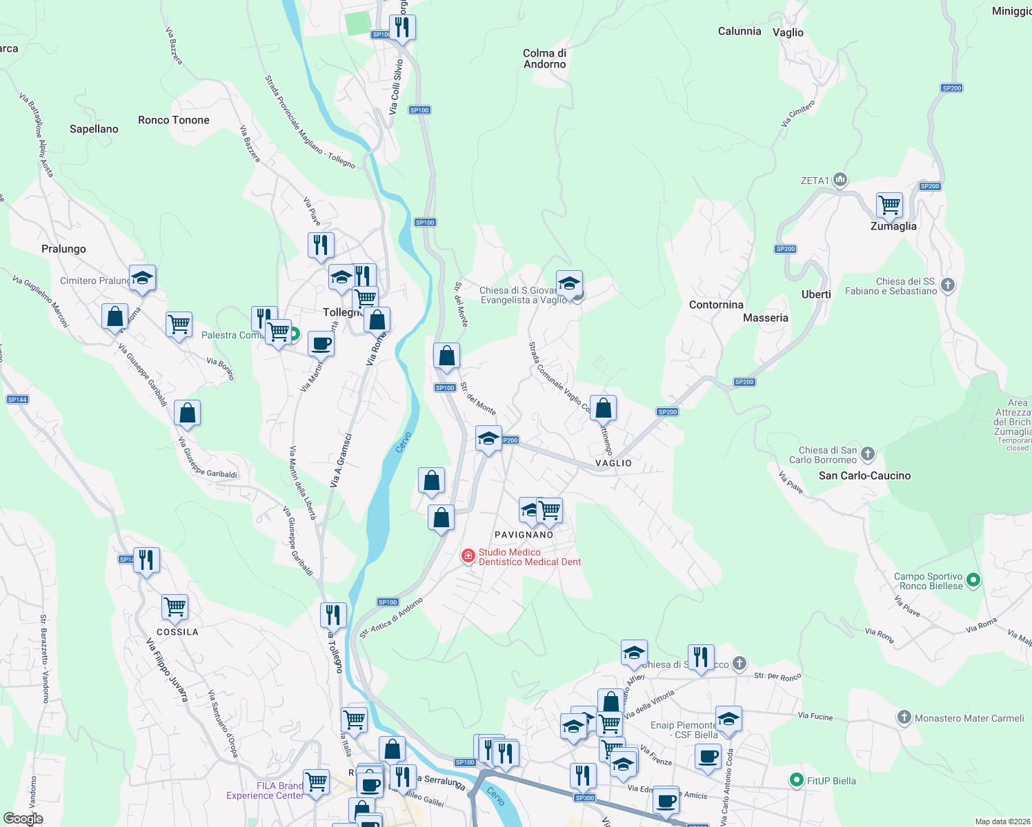 map of restaurants, bars, coffee shops, grocery stores, and more near 4 Strada Ciapeia in Biella