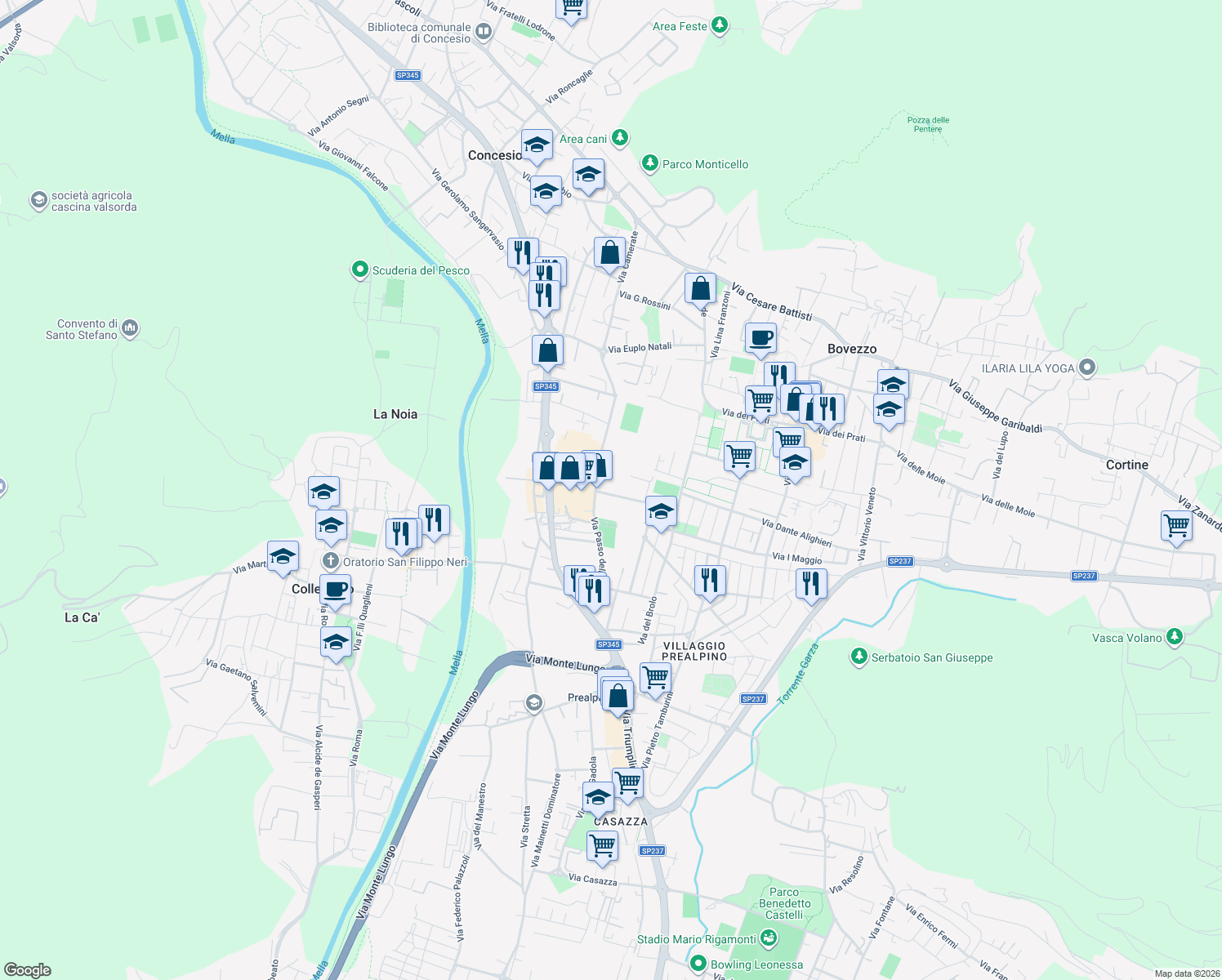 map of restaurants, bars, coffee shops, grocery stores, and more near 18 Villaggio Prealpino Via Tredicesima in Brescia
