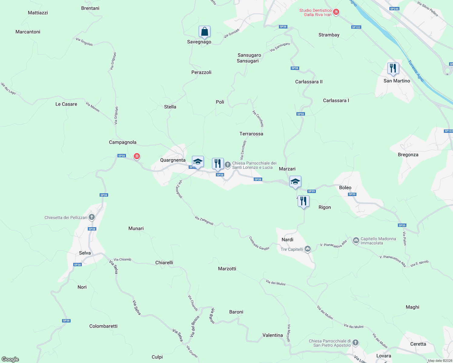 map of restaurants, bars, coffee shops, grocery stores, and more near Strada Provinciale 38 in Quargnenta