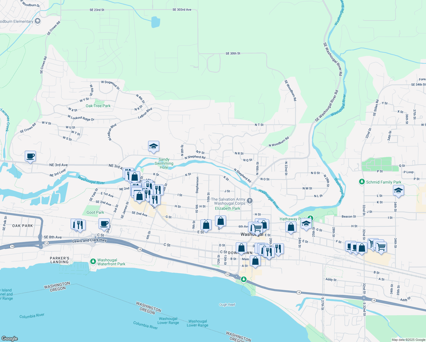 map of restaurants, bars, coffee shops, grocery stores, and more near 1025 K St in Washougal
