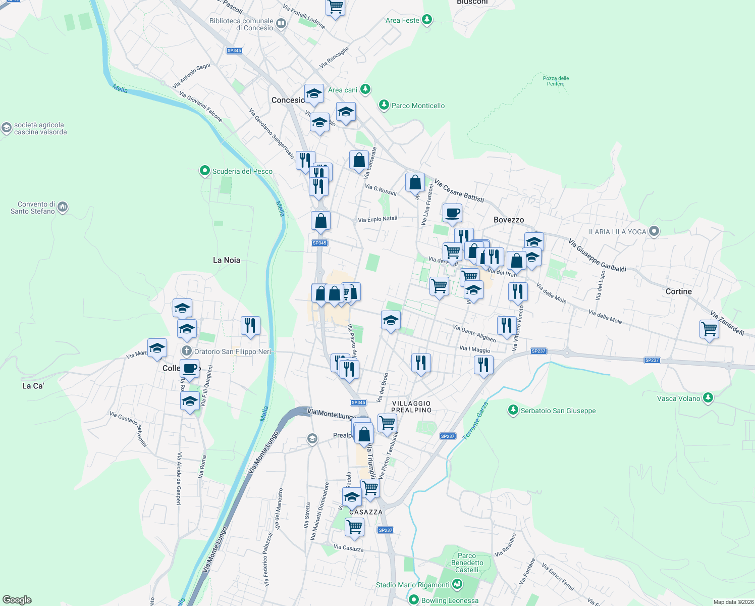 map of restaurants, bars, coffee shops, grocery stores, and more near 18 Villaggio Prealpino Via Tredicesima in Brescia