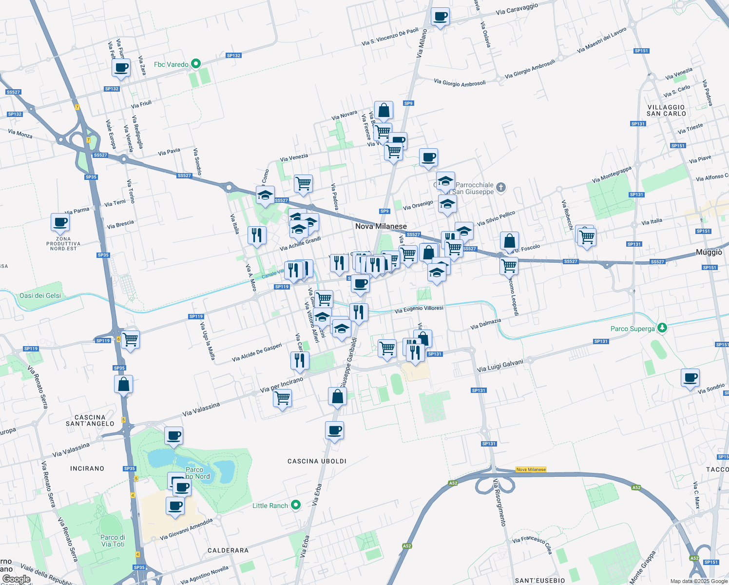 map of restaurants, bars, coffee shops, grocery stores, and more near 88 Via Giuseppe Garibaldi in Nova Milanese