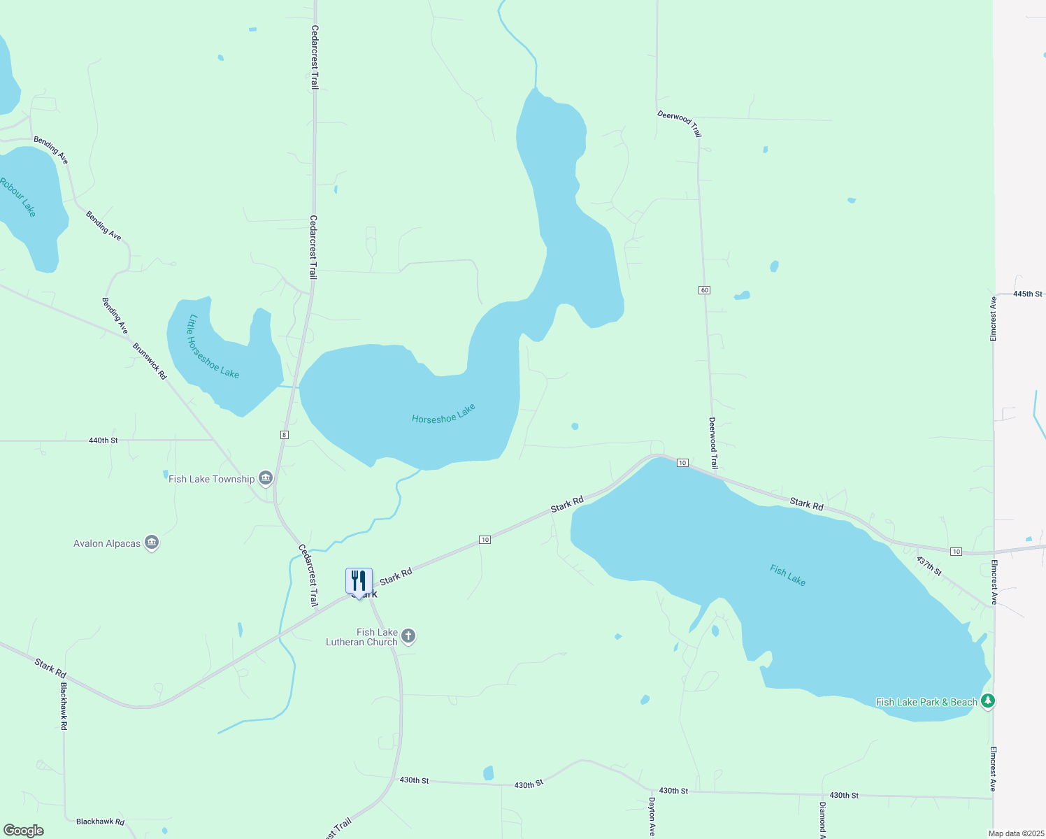 map of restaurants, bars, coffee shops, grocery stores, and more near 44080 Maple Lane in Harris