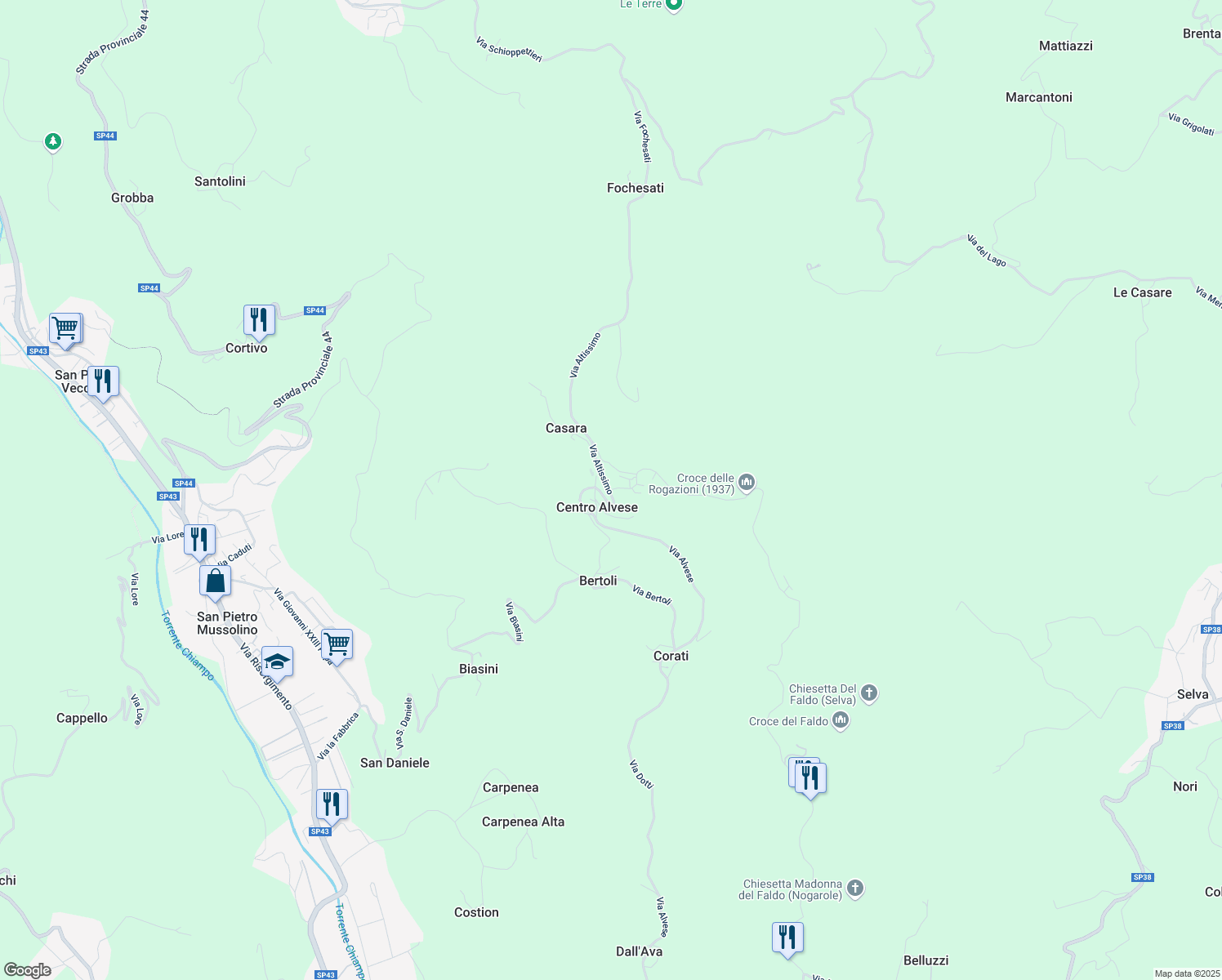 map of restaurants, bars, coffee shops, grocery stores, and more near 3 Via Mastrotti in Mastrotti