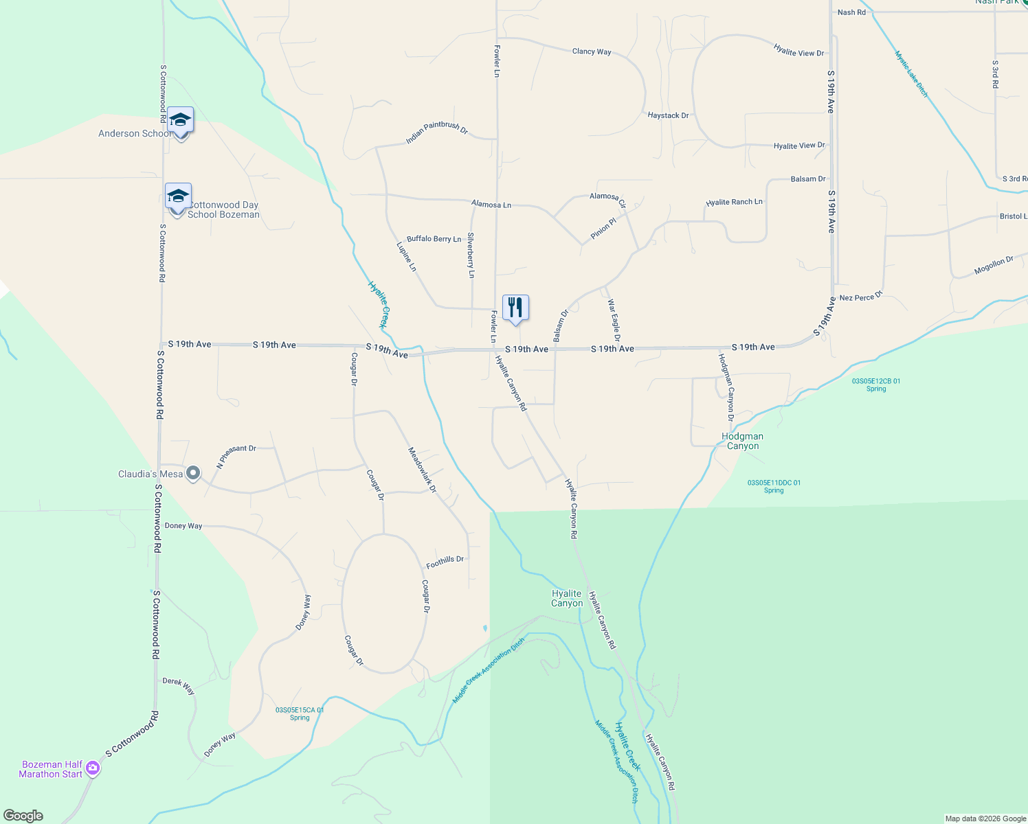 map of restaurants, bars, coffee shops, grocery stores, and more near 8 Old Forest Creek Trail in Bozeman