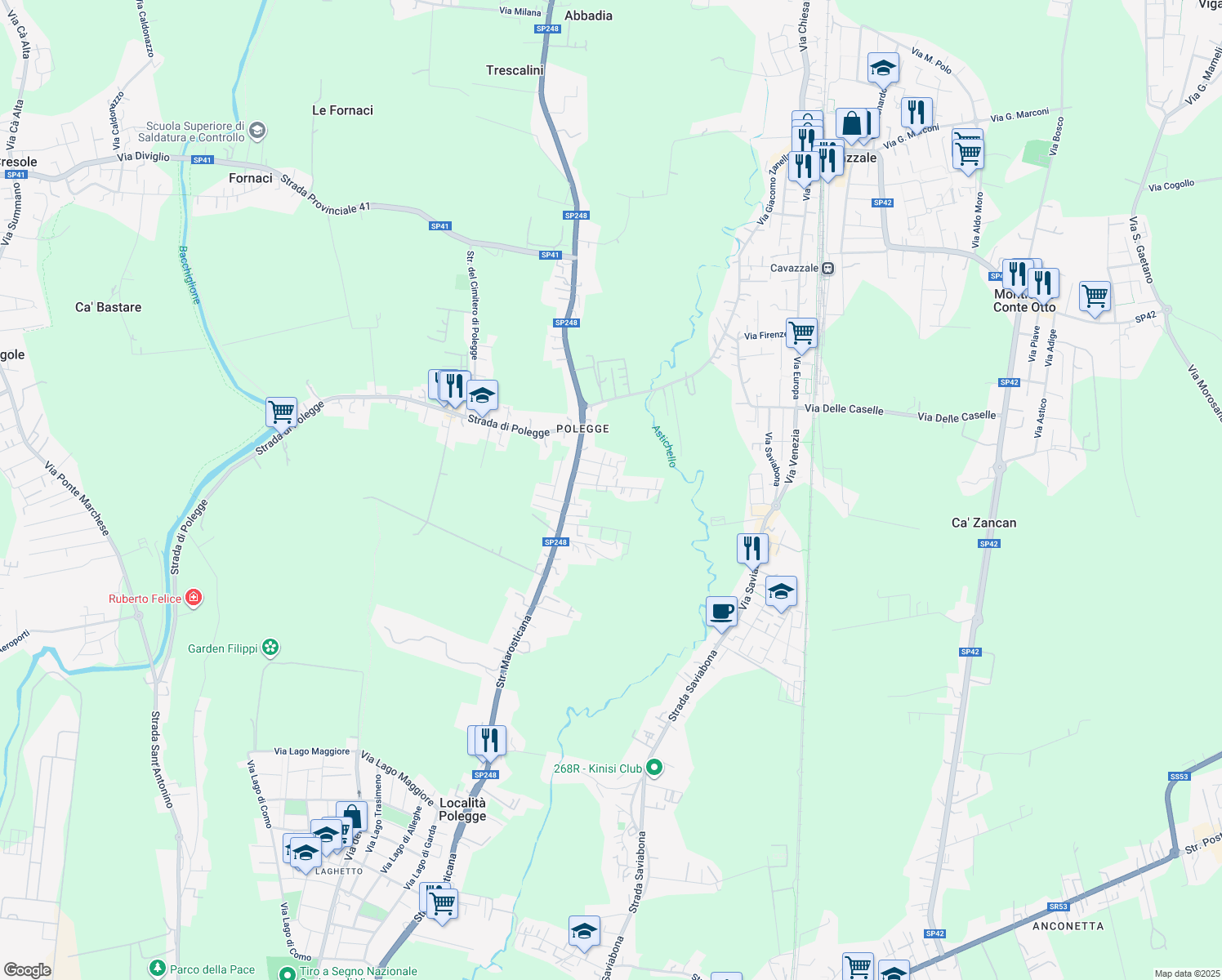 map of restaurants, bars, coffee shops, grocery stores, and more near 34 Via Giuseppe Giulietti in Vicenza