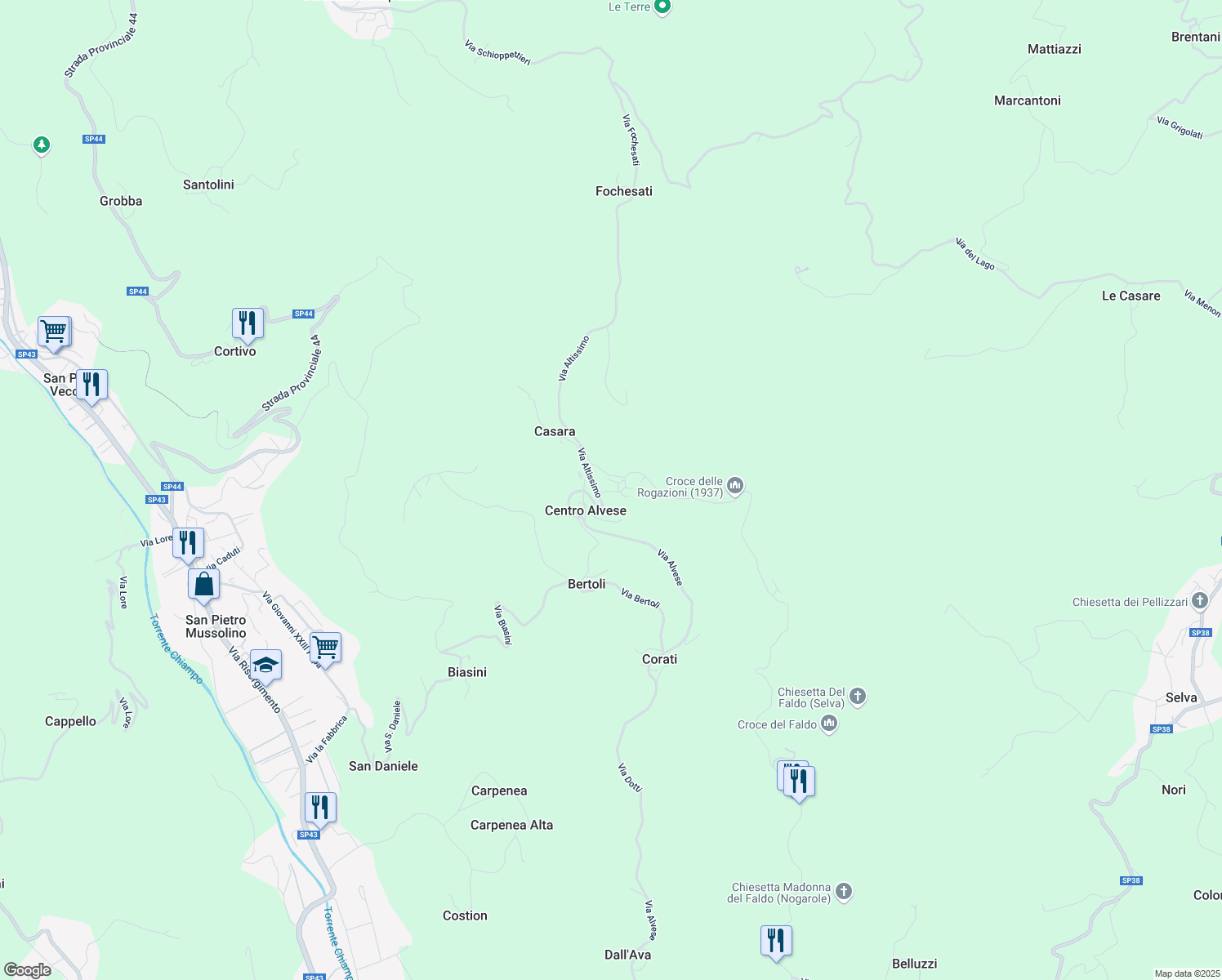 map of restaurants, bars, coffee shops, grocery stores, and more near 3 Via Mastrotti in Mastrotti