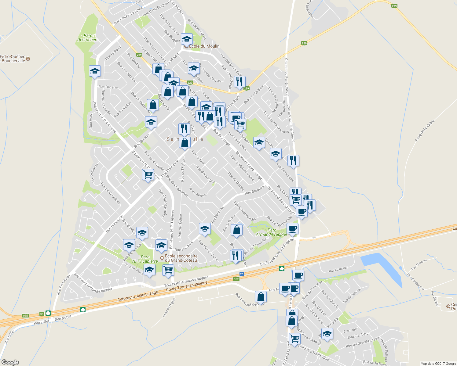 map of restaurants, bars, coffee shops, grocery stores, and more near 445 Rue Daoust in Sainte-Julie