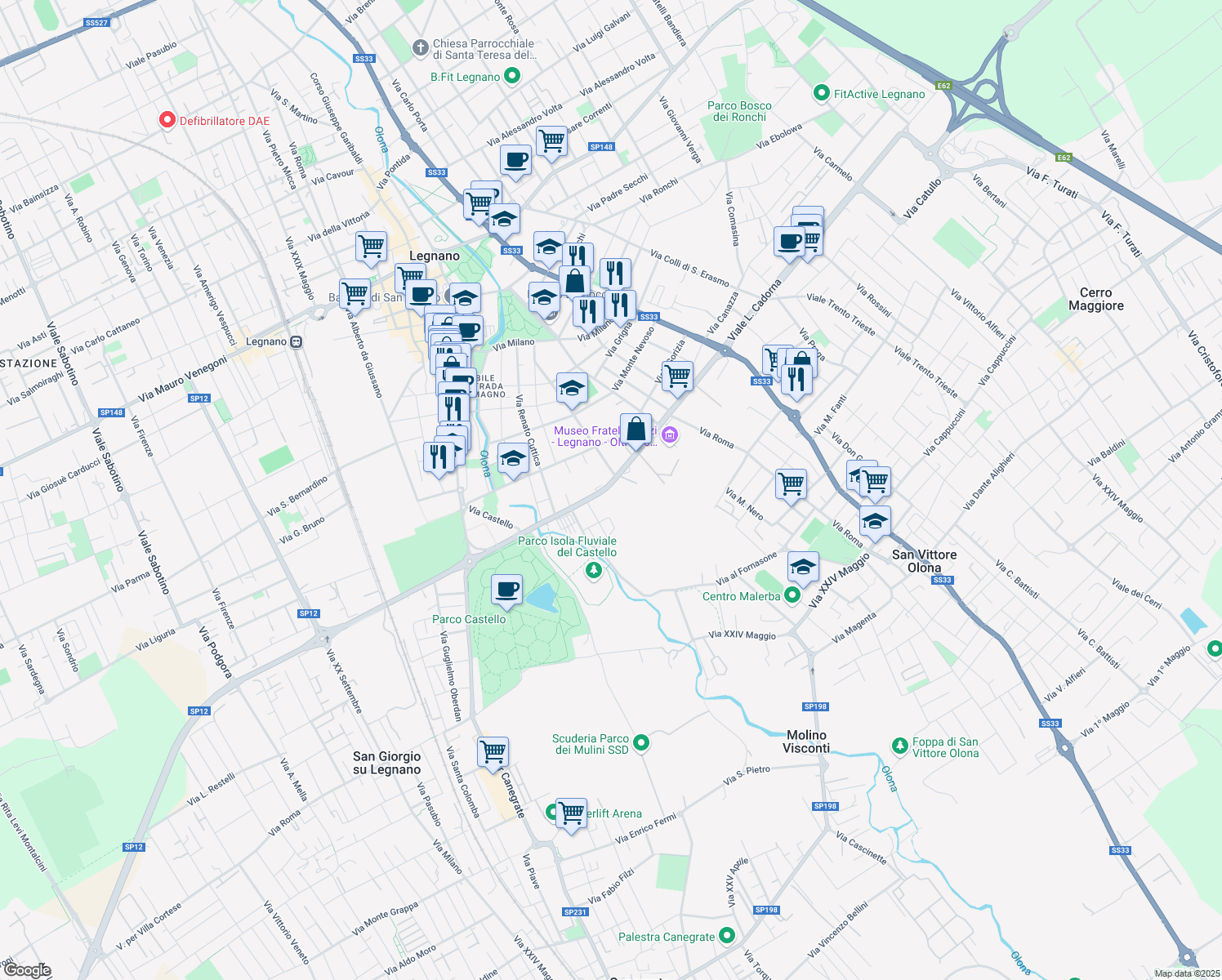 map of restaurants, bars, coffee shops, grocery stores, and more near 32 Viale Pietro Toselli in Legnano