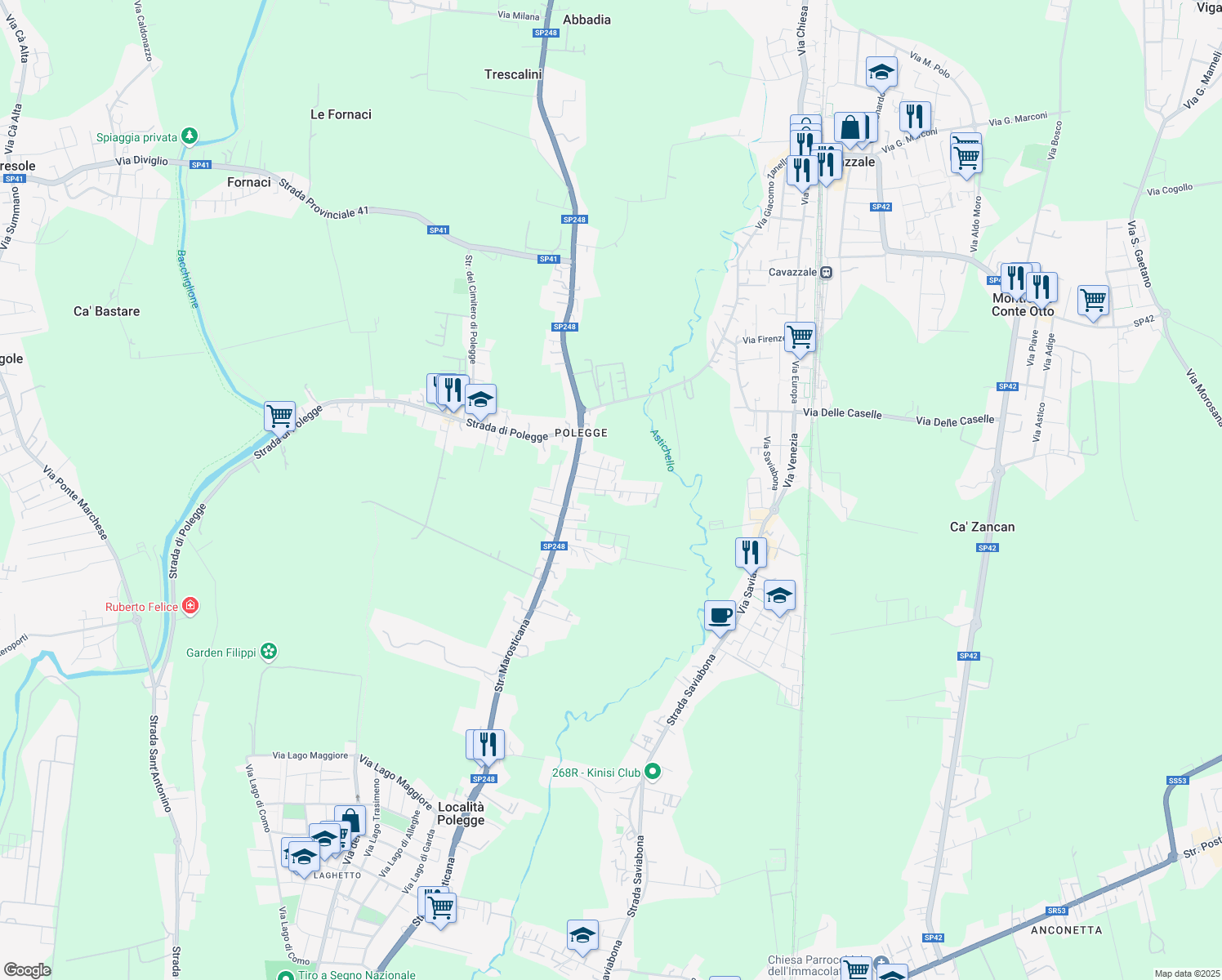 map of restaurants, bars, coffee shops, grocery stores, and more near 34 Via Giuseppe Giulietti in Vicenza