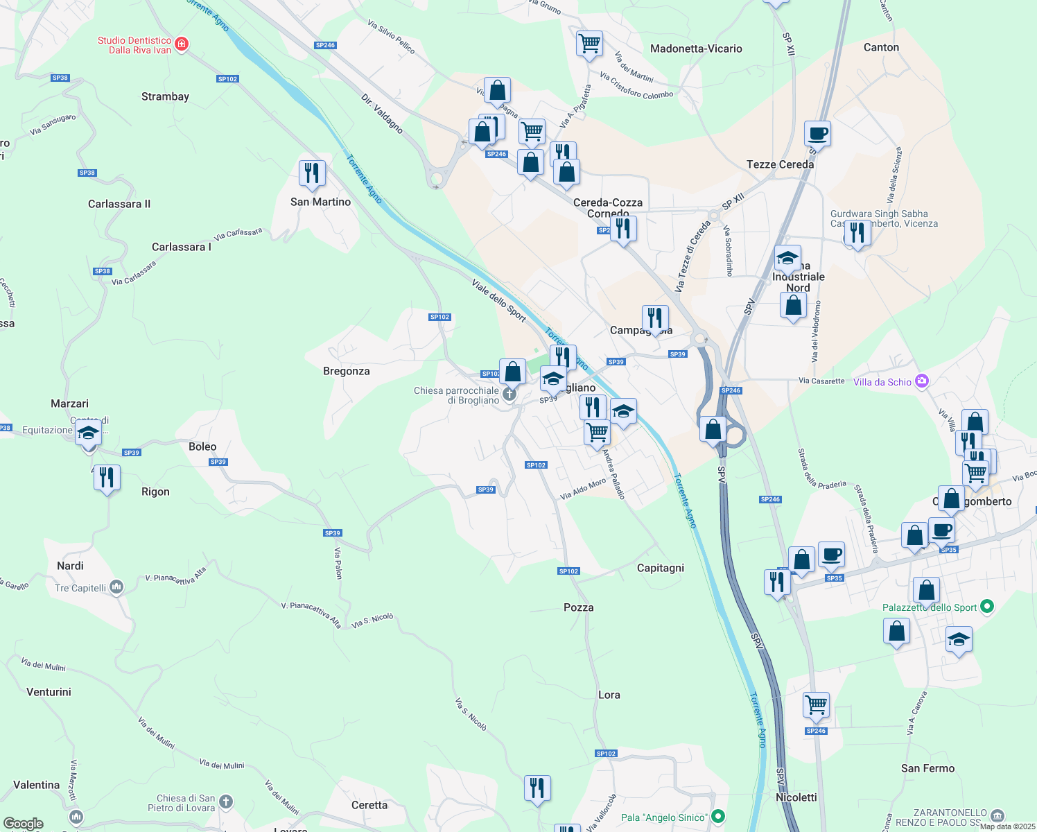 map of restaurants, bars, coffee shops, grocery stores, and more near Strada Provinciale 39 in Brogliano