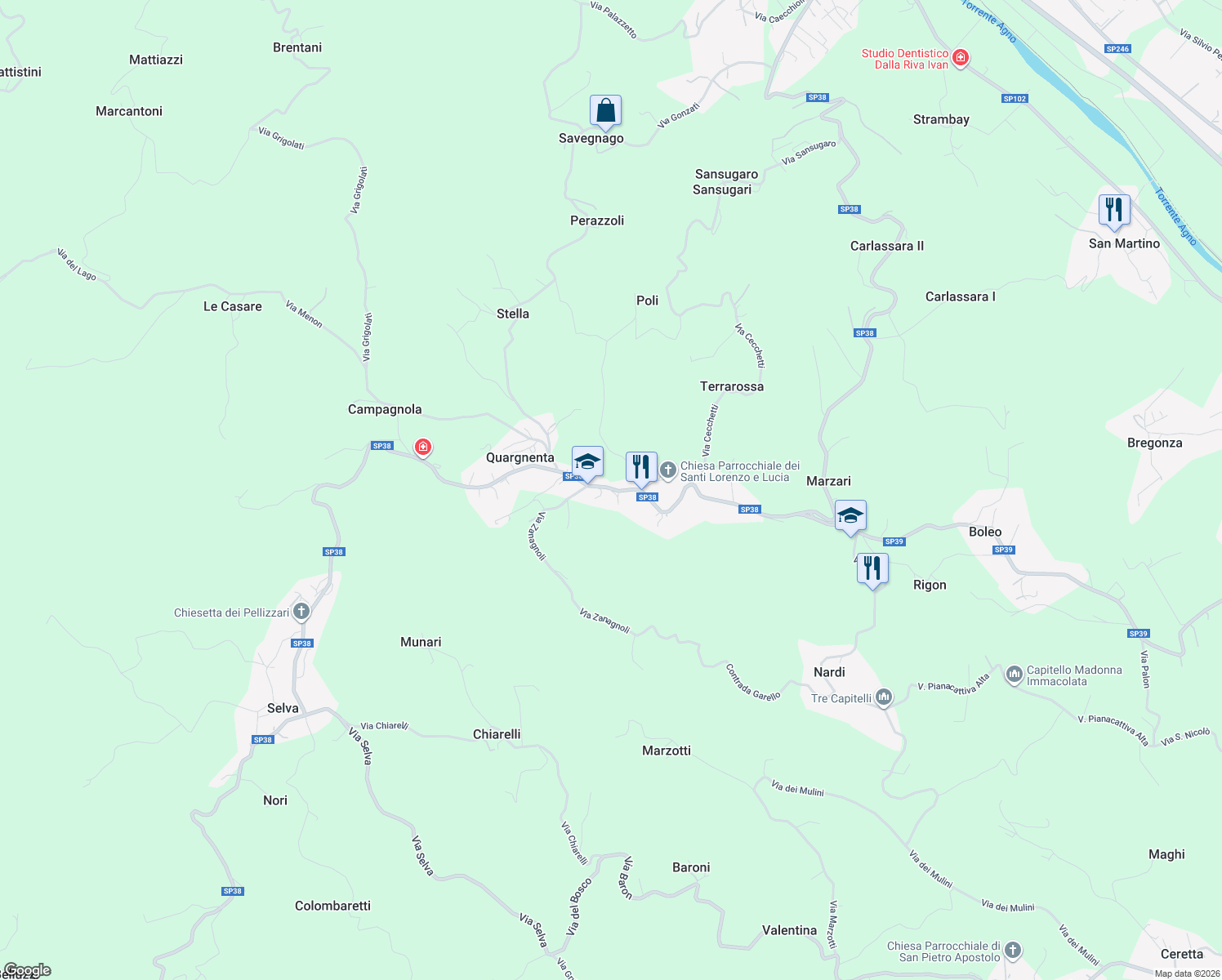 map of restaurants, bars, coffee shops, grocery stores, and more near Strada Provinciale 38 in Quargnenta