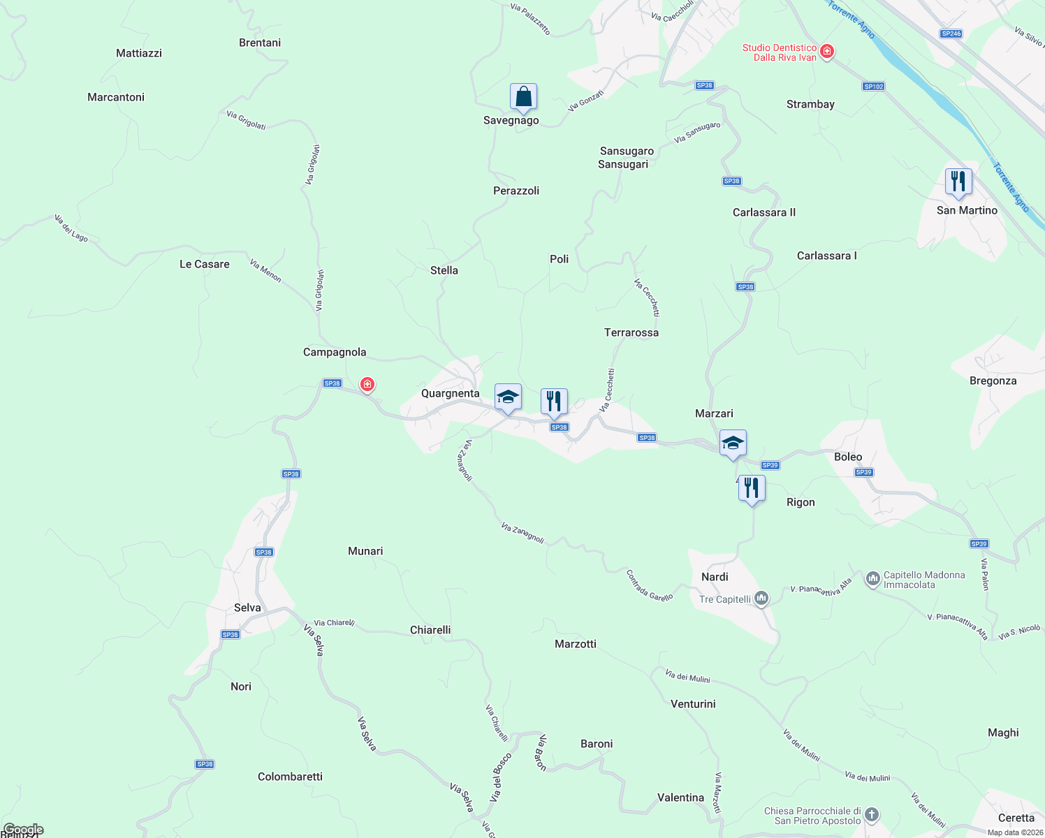 map of restaurants, bars, coffee shops, grocery stores, and more near Strada Provinciale 38 in Quargnenta