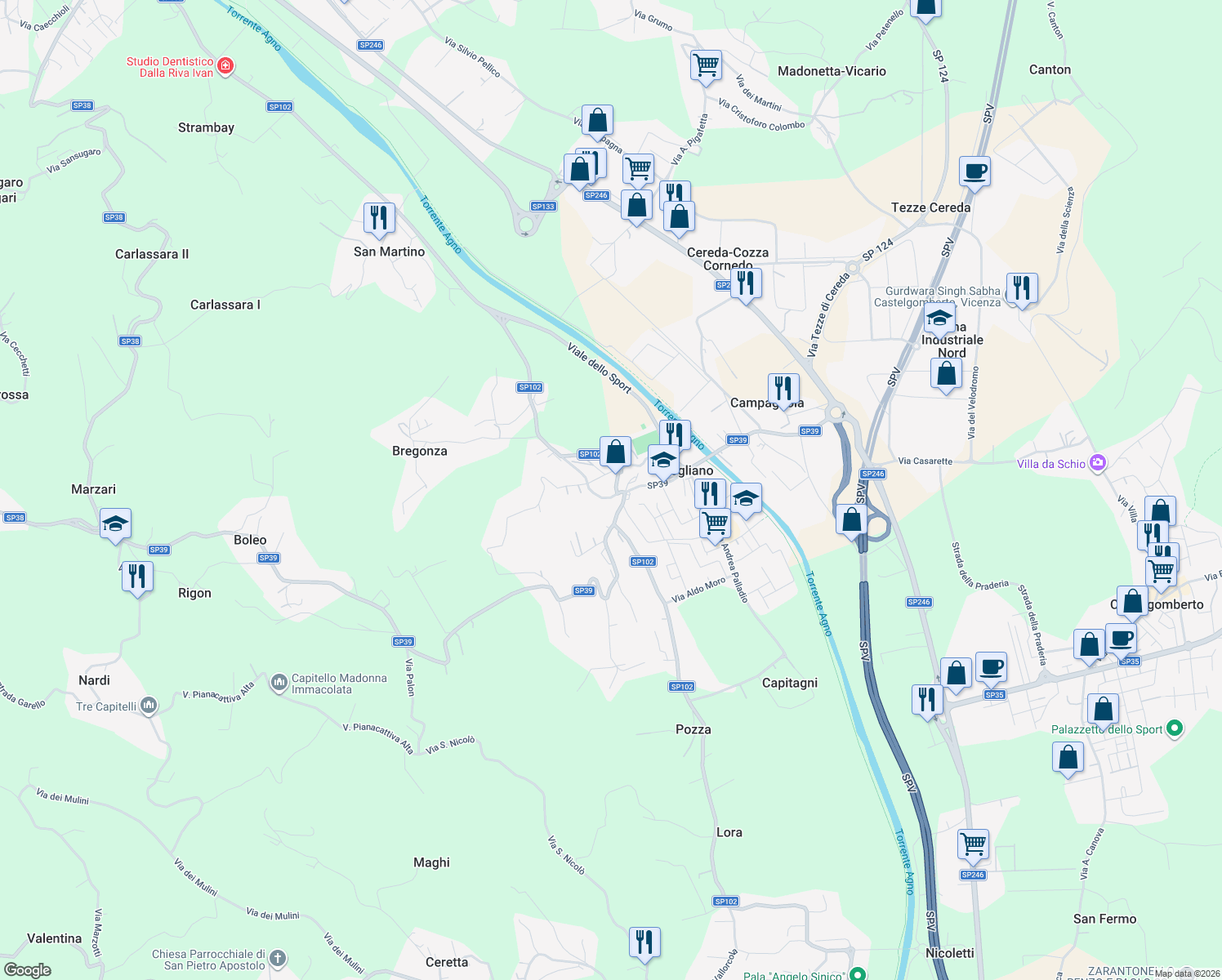 map of restaurants, bars, coffee shops, grocery stores, and more near 14 Via Bosco Don in Brogliano