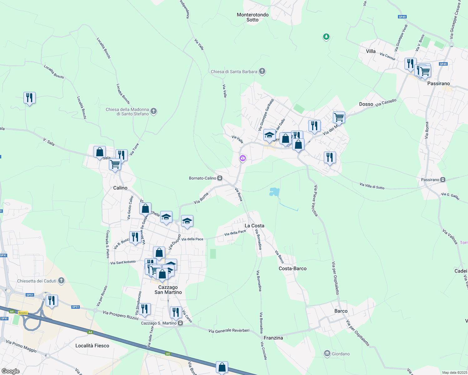 map of restaurants, bars, coffee shops, grocery stores, and more near 51 Via Roma in Bornato