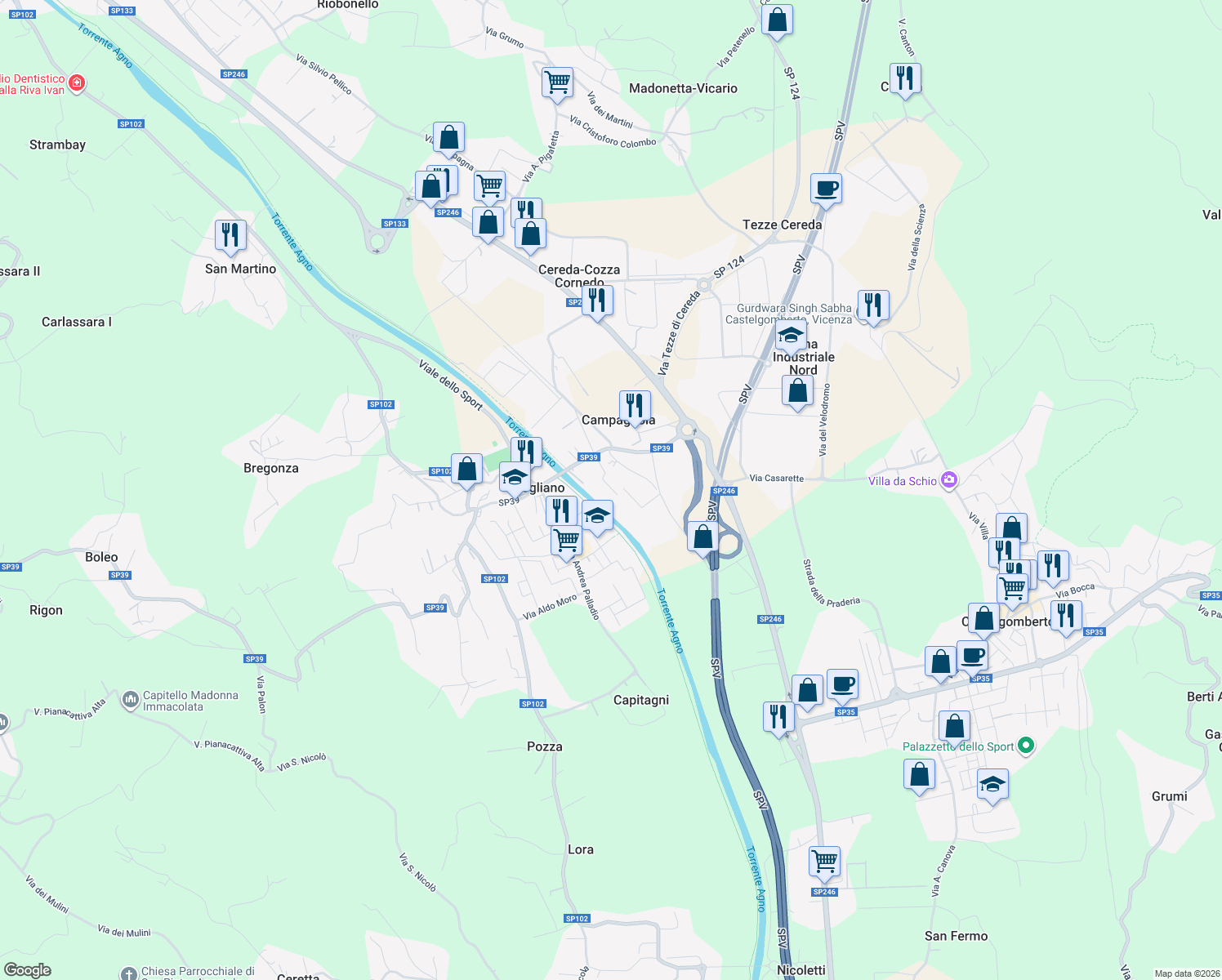 map of restaurants, bars, coffee shops, grocery stores, and more near 50 Viale Stazione in Brogliano