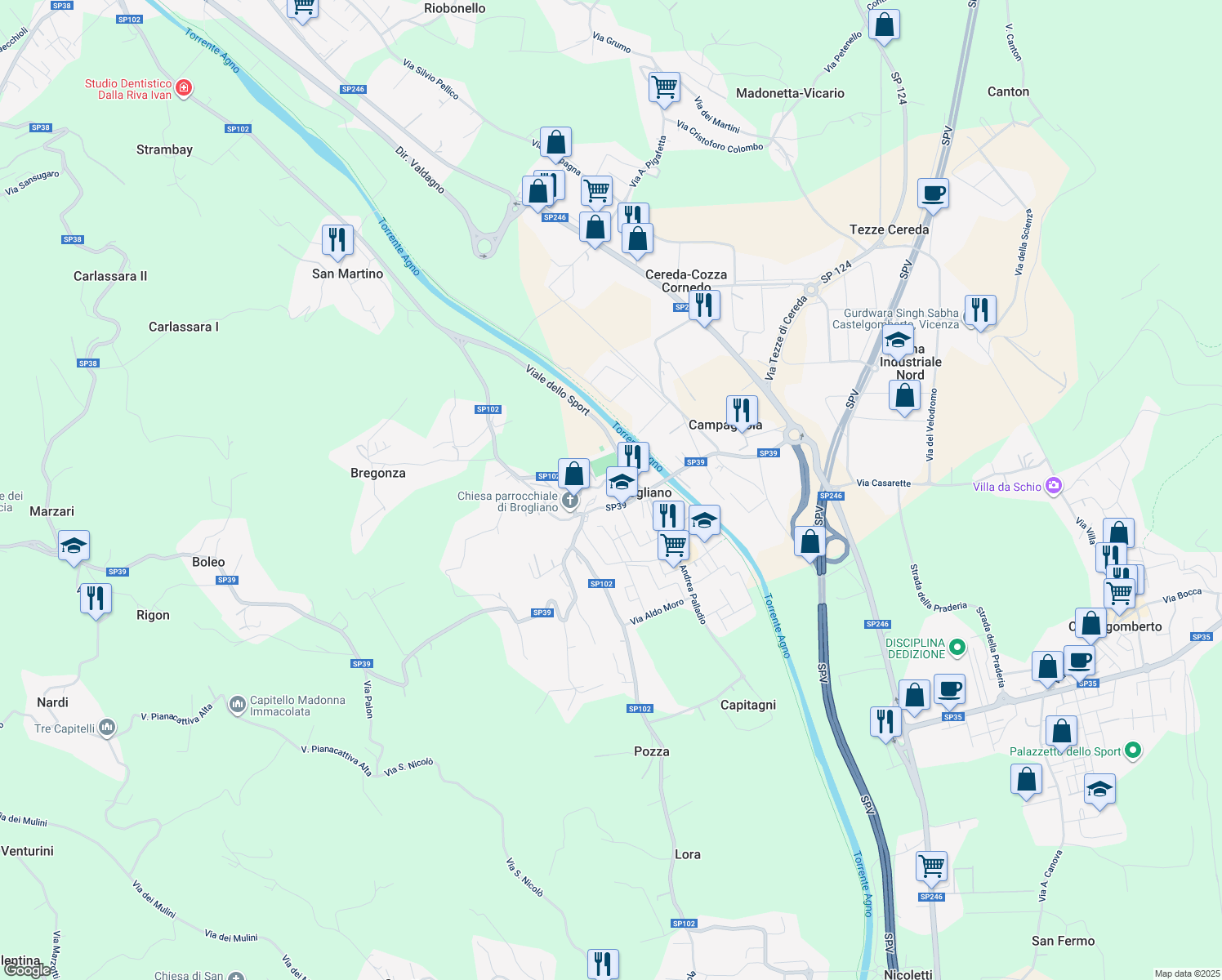 map of restaurants, bars, coffee shops, grocery stores, and more near Strada Provinciale 39 in Brogliano