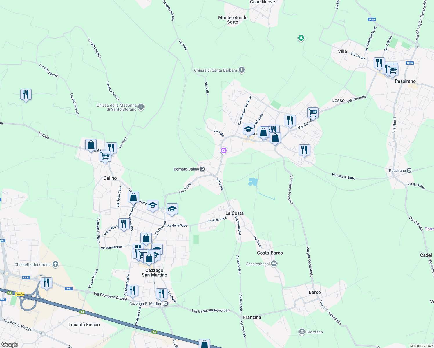 map of restaurants, bars, coffee shops, grocery stores, and more near 51 Via Roma in Bornato