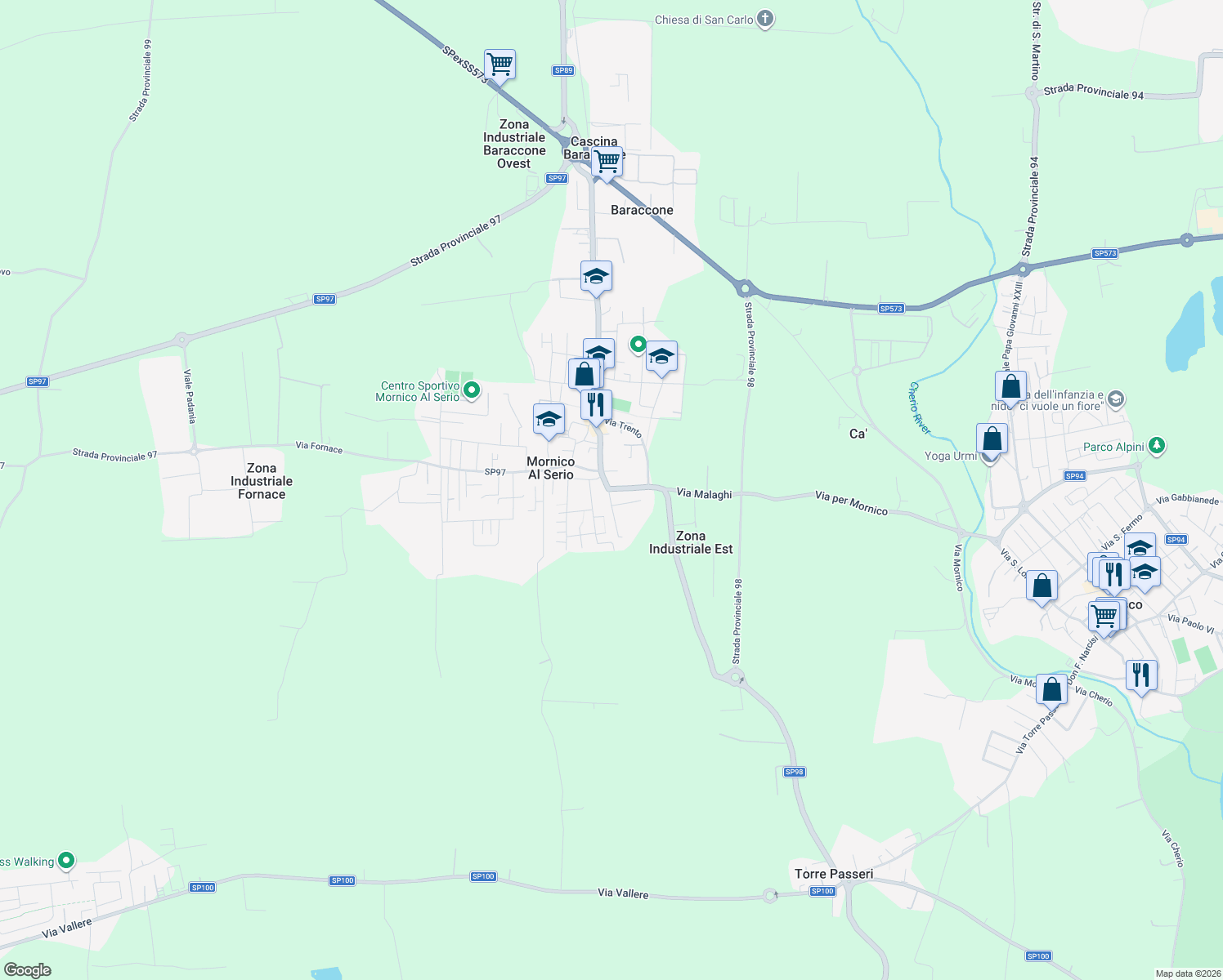 map of restaurants, bars, coffee shops, grocery stores, and more near 7 Via Guglielmo Marconi in Mornico Al Serio