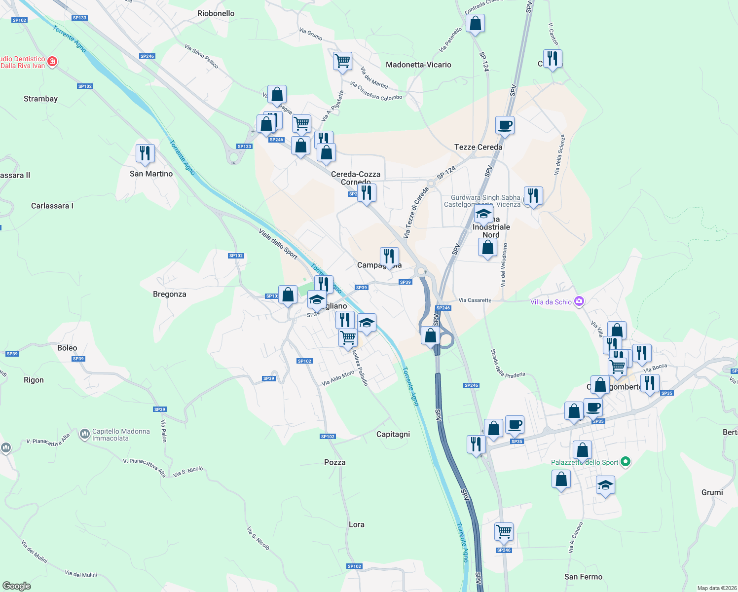 map of restaurants, bars, coffee shops, grocery stores, and more near 50 Viale Stazione in Brogliano
