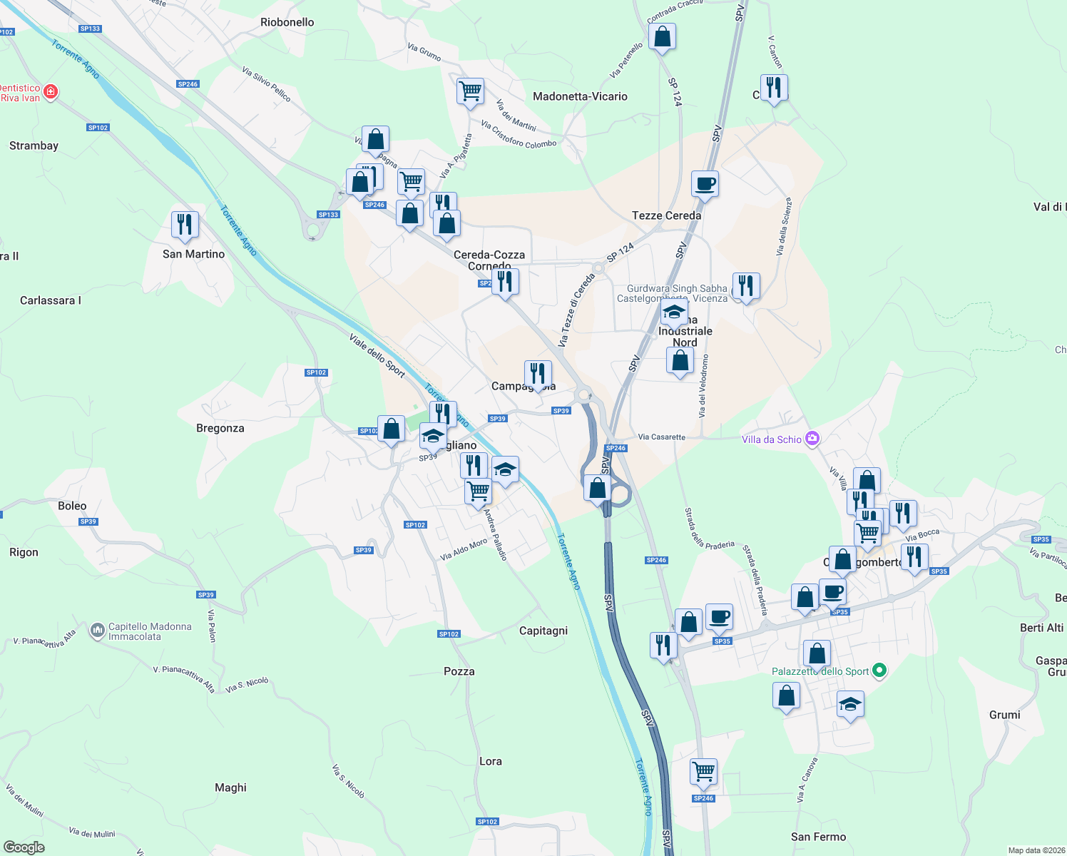 map of restaurants, bars, coffee shops, grocery stores, and more near 9 Via Campagnola in Campagnola