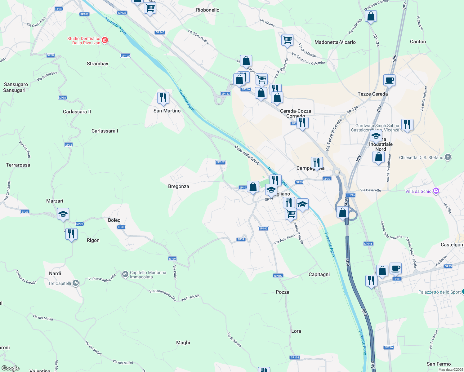 map of restaurants, bars, coffee shops, grocery stores, and more near 1 Via Bregonza in Brogliano
