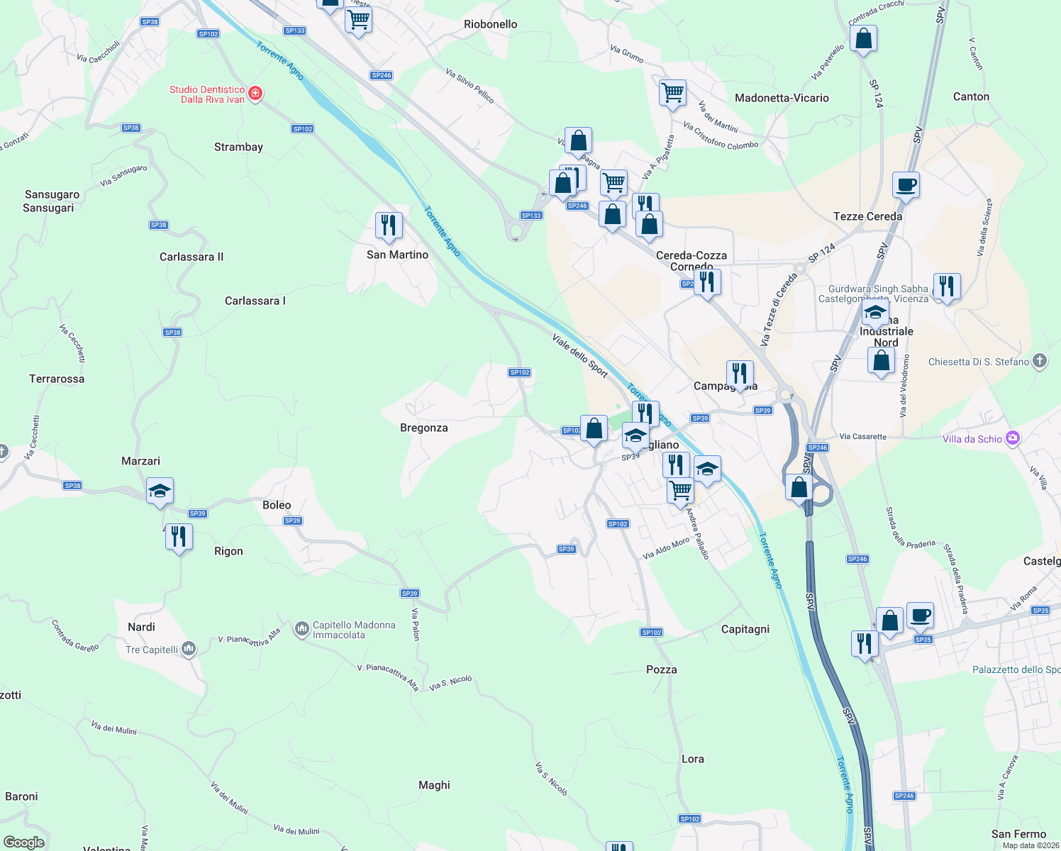 map of restaurants, bars, coffee shops, grocery stores, and more near 1 Via Bregonza in Brogliano