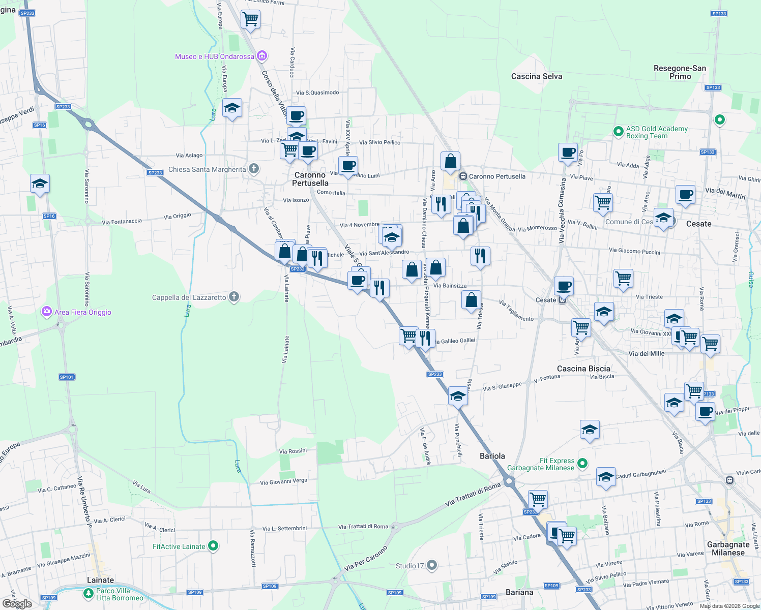 map of restaurants, bars, coffee shops, grocery stores, and more near SP233 in Provincia di Varese