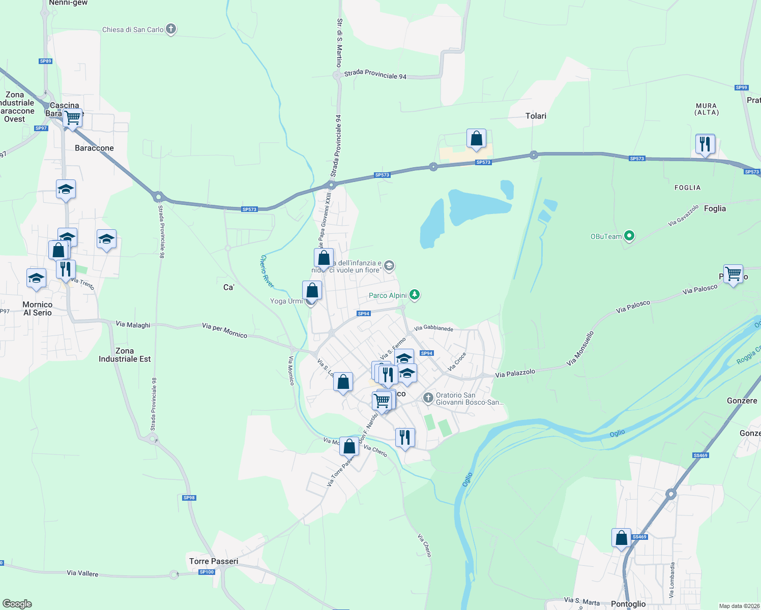 map of restaurants, bars, coffee shops, grocery stores, and more near 54 Via San Francesco D'Assisi in Palosco